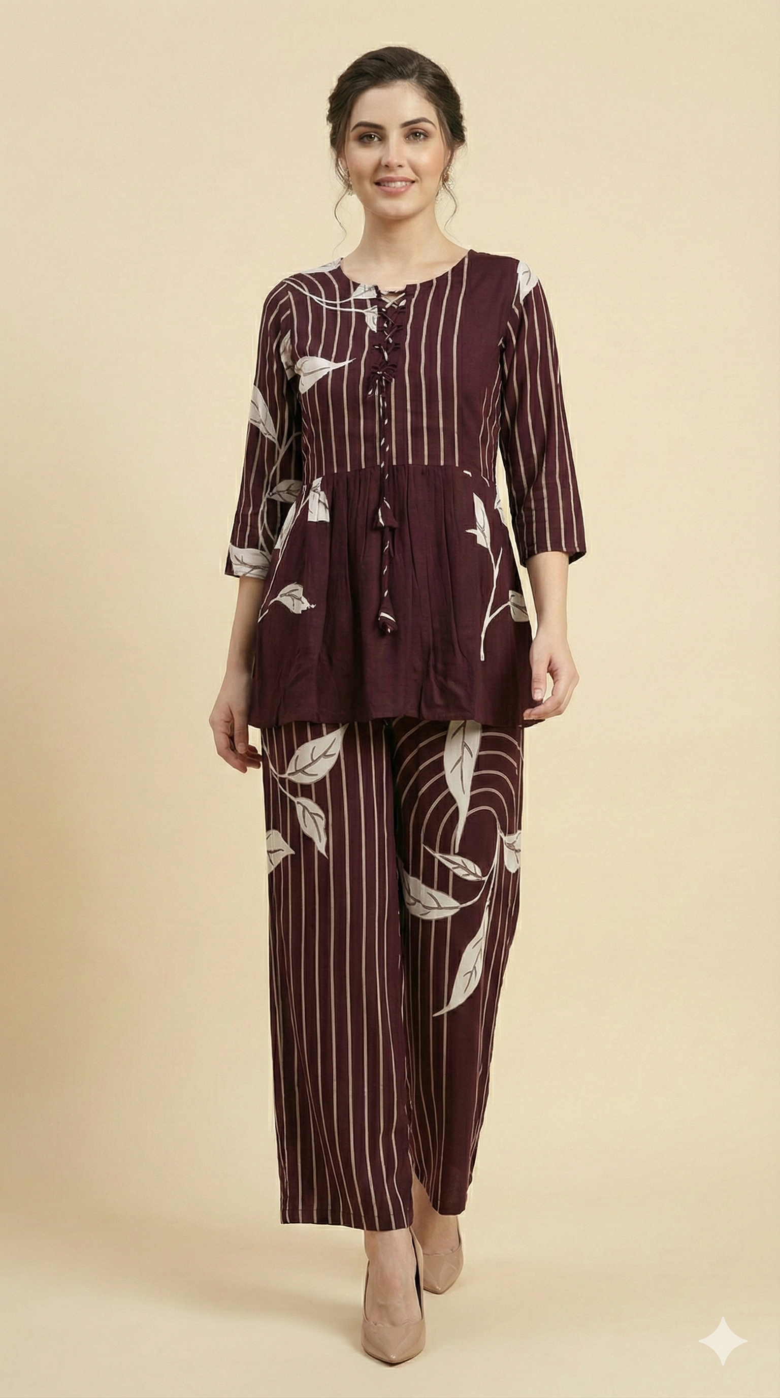 Wine Floral Print Rayon A-Line Top and Pant Set with Modern Ethnic Look