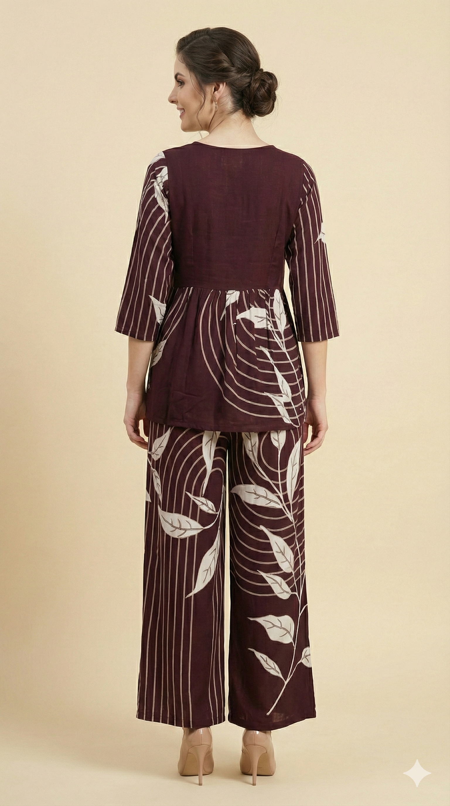 Wine Floral Print Rayon A-Line Top and Pant Set with Modern Ethnic Look