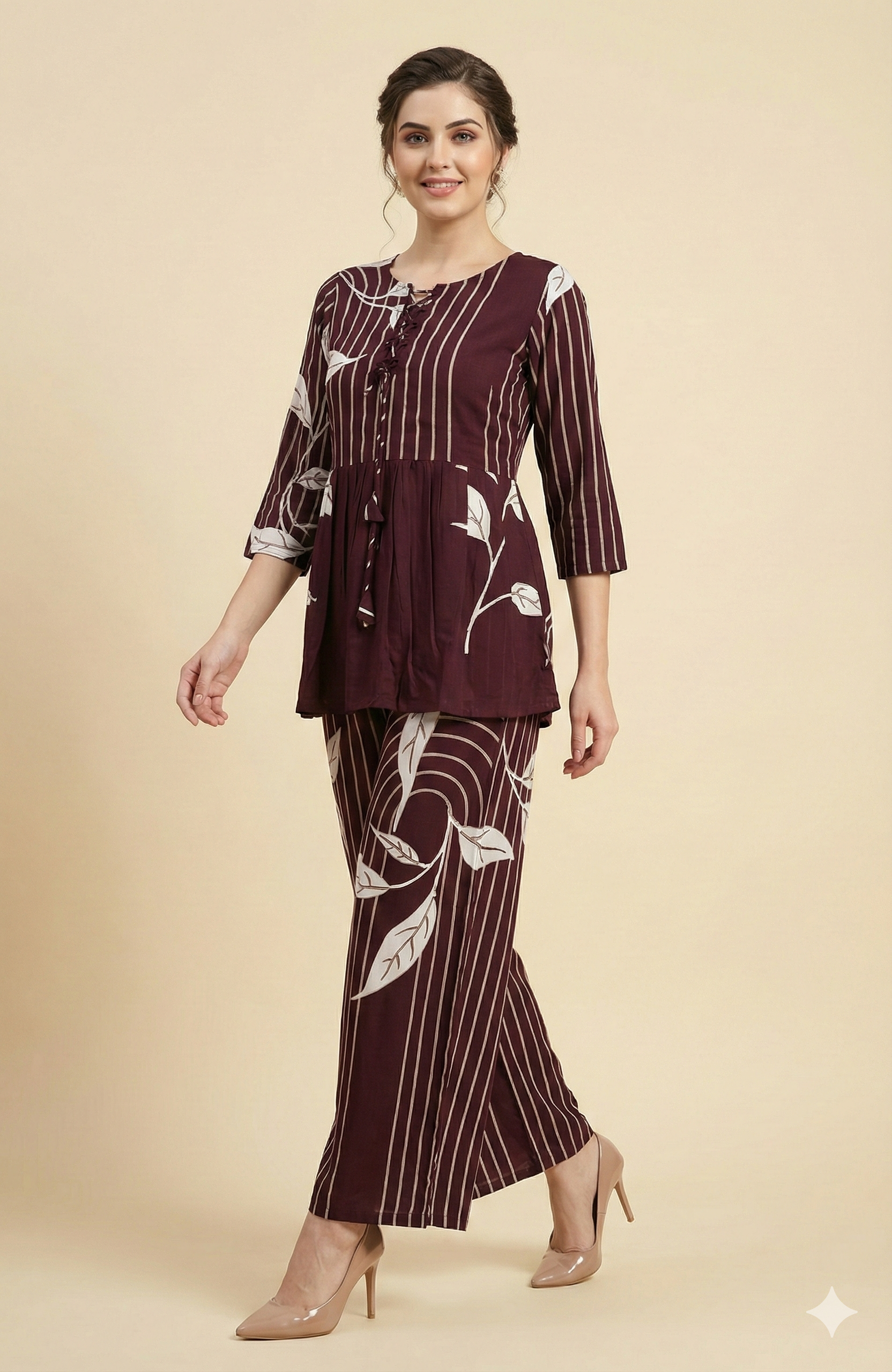 Wine Floral Print Rayon A-Line Top and Pant Set with Modern Ethnic Look