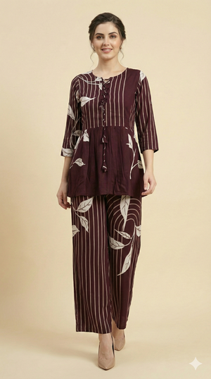 Wine Floral Print Rayon A-Line Top and Pant Set with Modern Ethnic Look