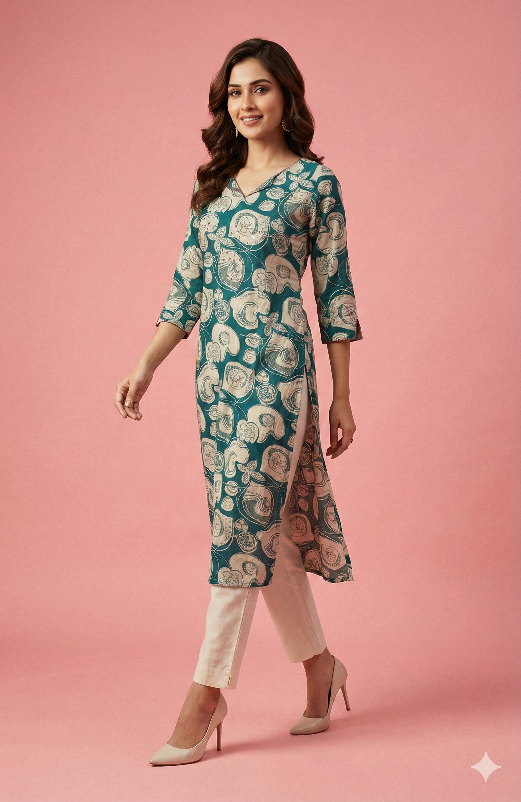 Teal Floral Printed Rayon Straight Cut Kurti with Soft Fabric and Modern Appeal