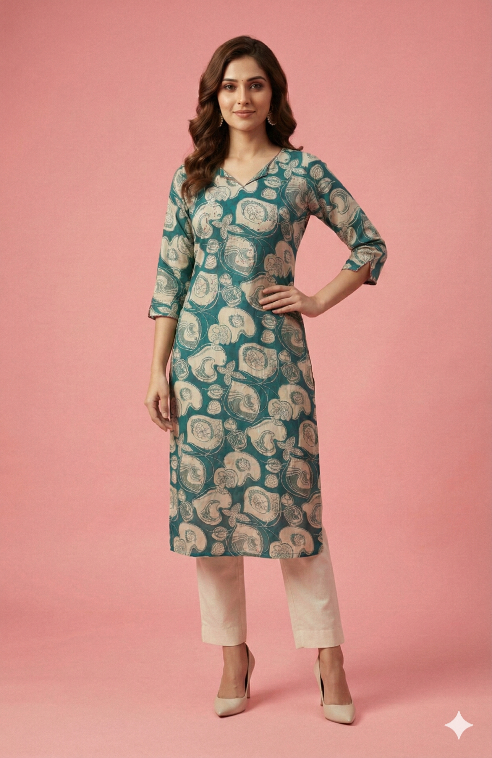 Teal Floral Printed Rayon Straight Cut Kurti with Soft Fabric and Modern Appeal