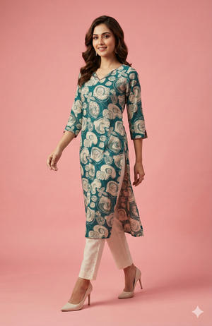 Teal Floral Printed Rayon Straight Cut Kurti with Soft Fabric and Modern Appeal