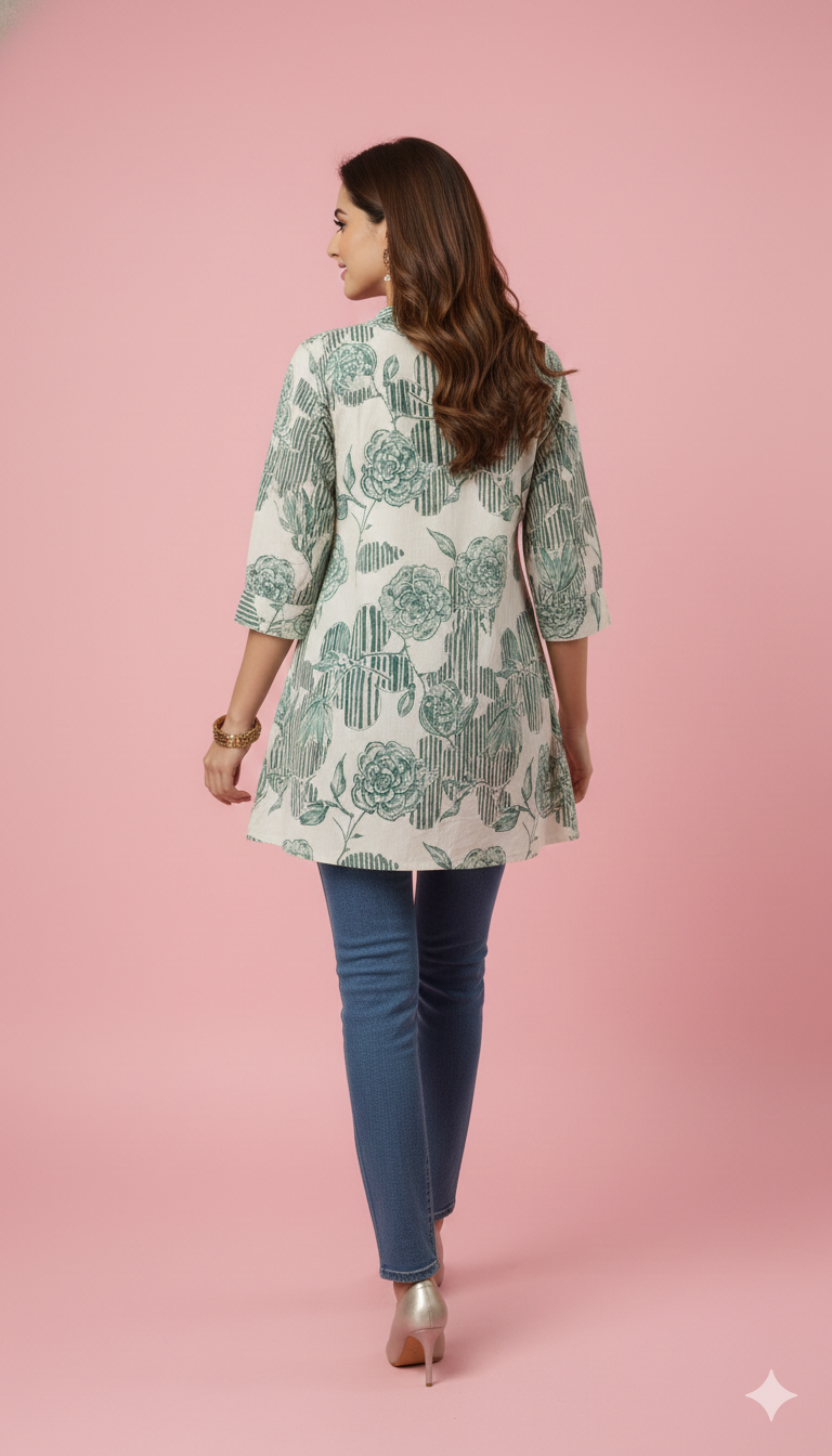 Green Floral Printed Rayon A-Line Top with Fresh Floral Look
