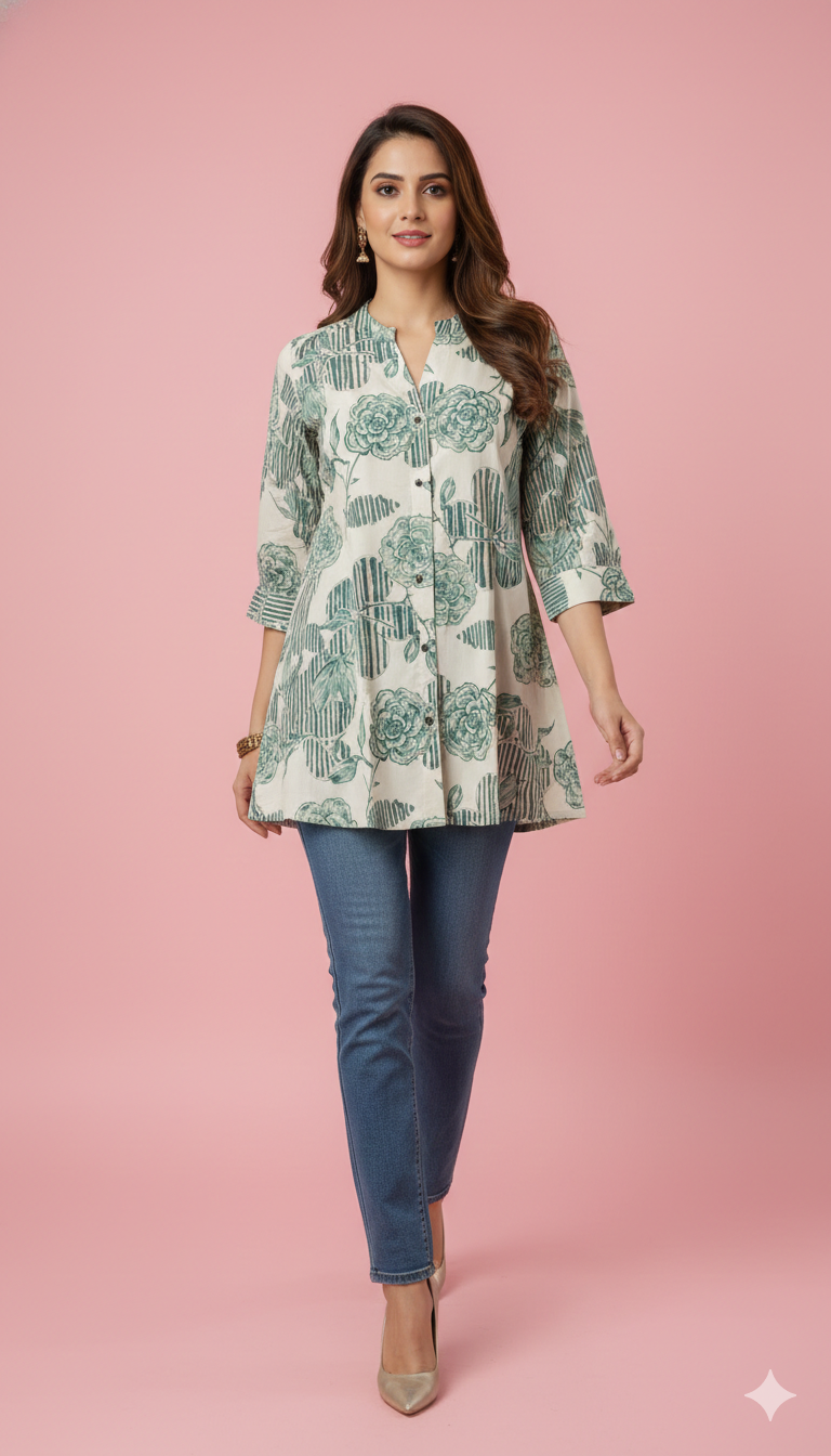 Green Floral Printed Rayon A-Line Top with Fresh Floral Look