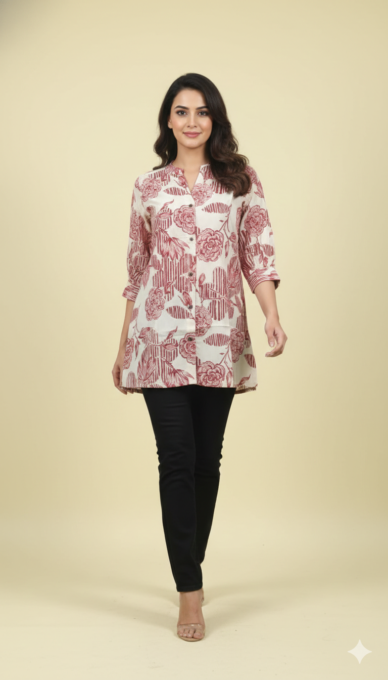 Red Floral Printed Rayon A-Line Top with Fresh Floral Look
