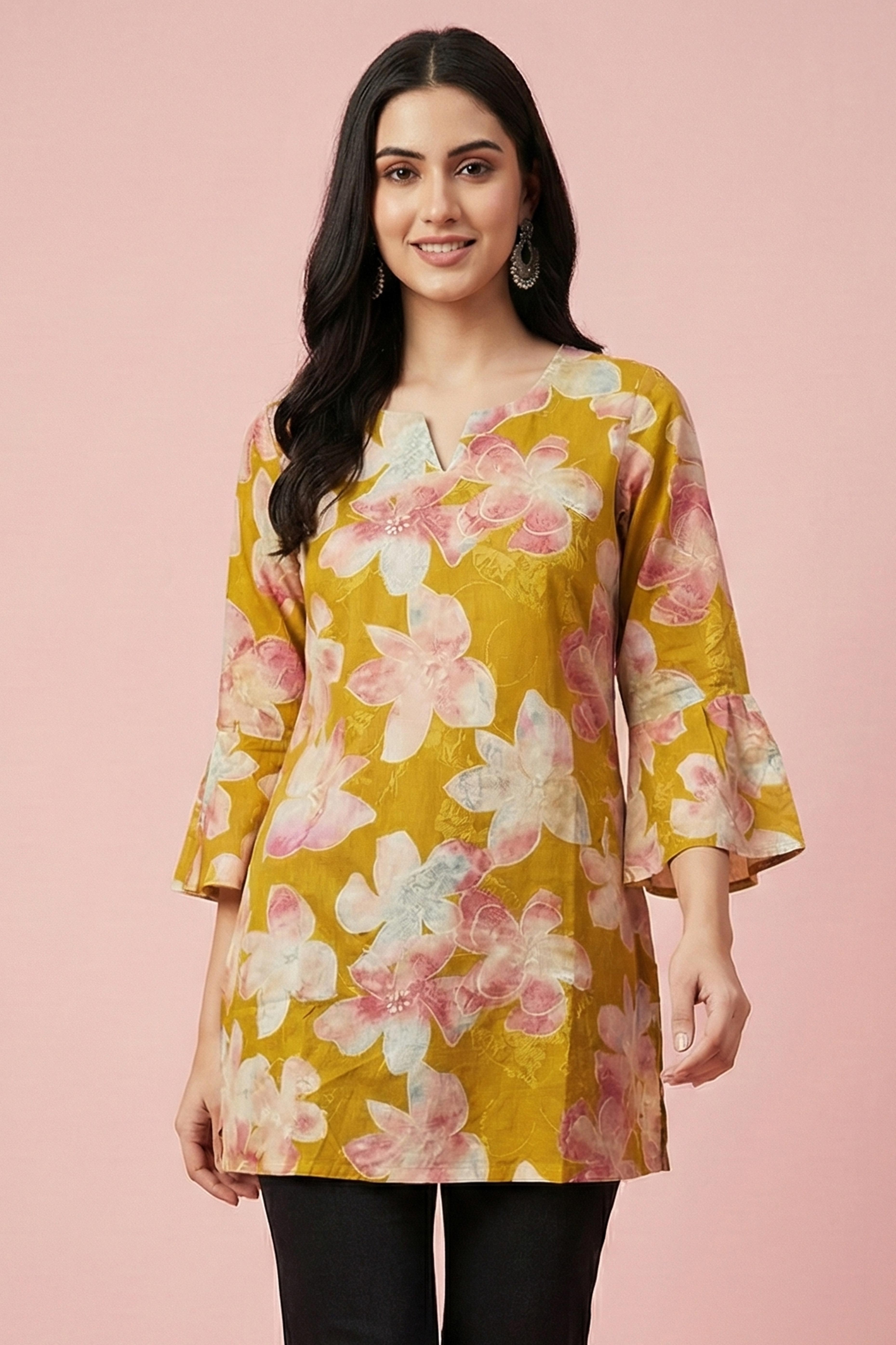 Green Floral Printed Rayon Short Straight Cut Top Designed for Effortless Everyday Style