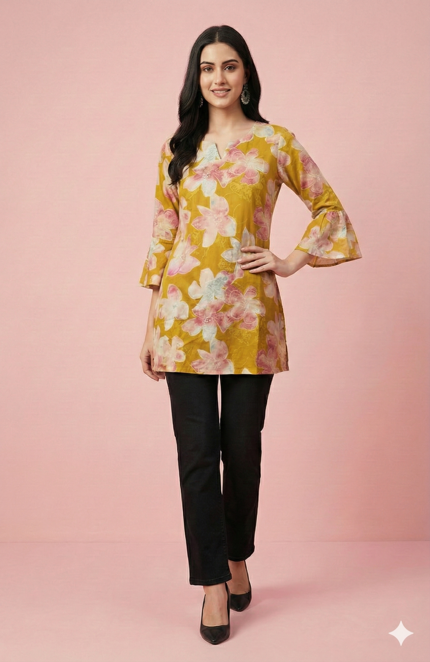 Green Floral Printed Rayon Short Straight Cut Top Designed for Effortless Everyday Style