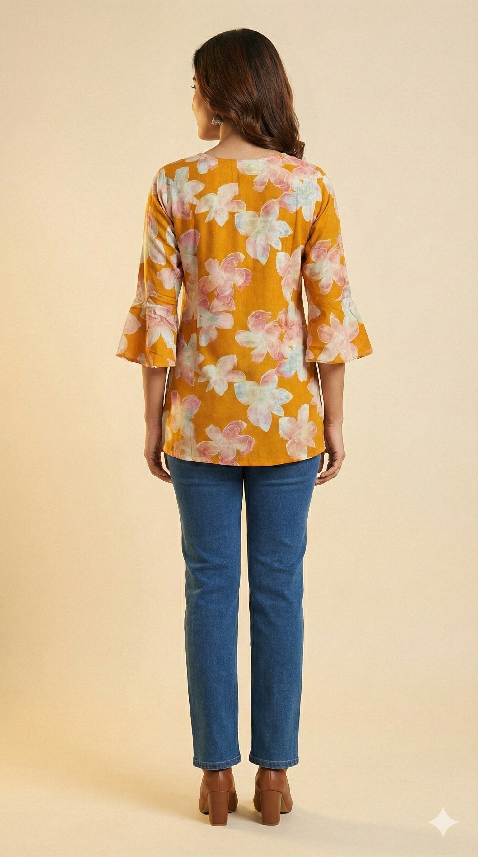 Mustard Floral Printed Rayon Short Straight Cut Top Designed for Effortless Everyday Style
