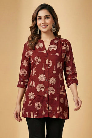Designer Red Abstract Print Rayon A-Line Top with Modern Ethnic Look