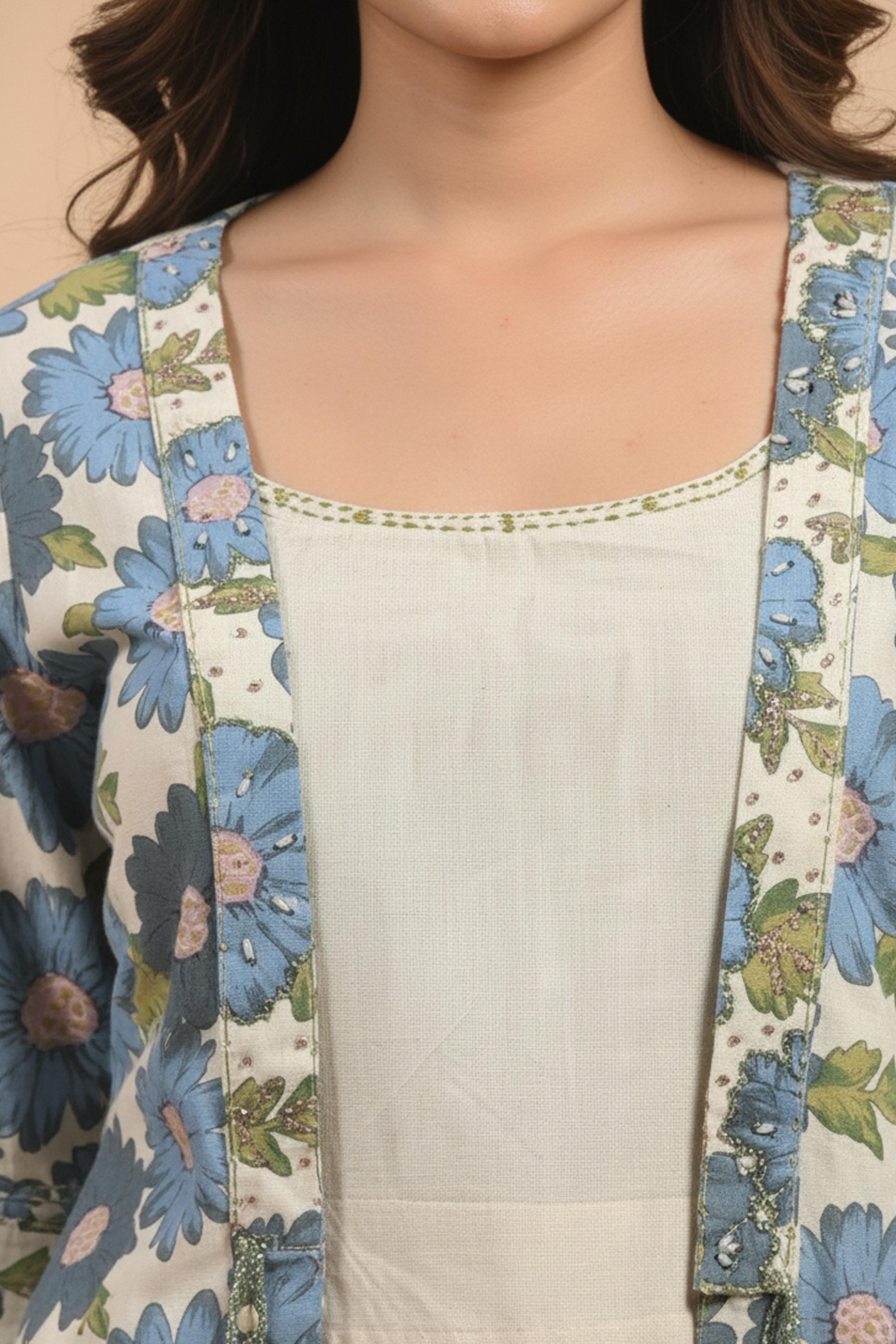 Off White & Blue Pure Cotton Co-Ord Set Featuring a Floral Print Waistcoat