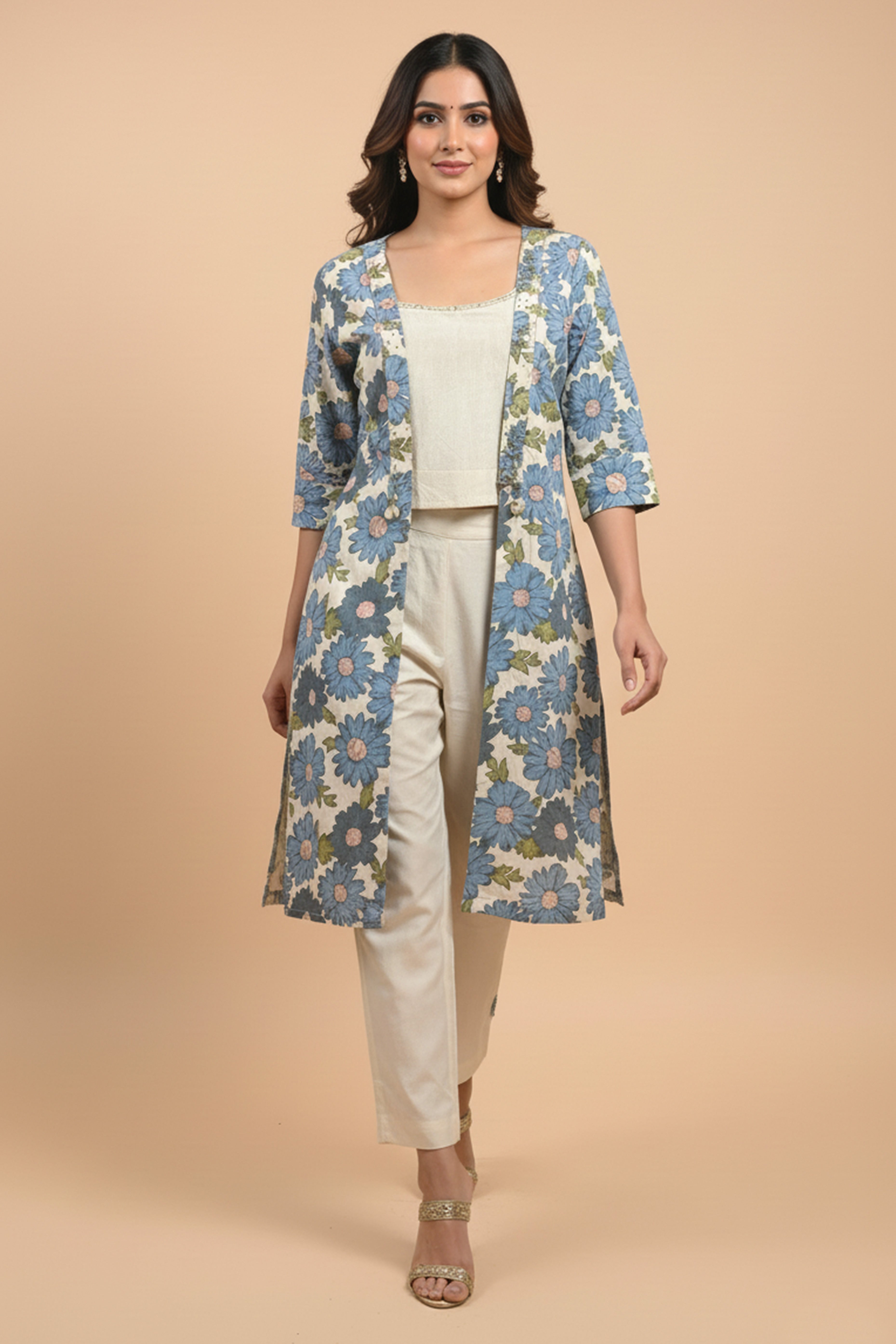 Off White & Blue Pure Cotton Co-Ord Set Featuring a Floral Print Waistcoat