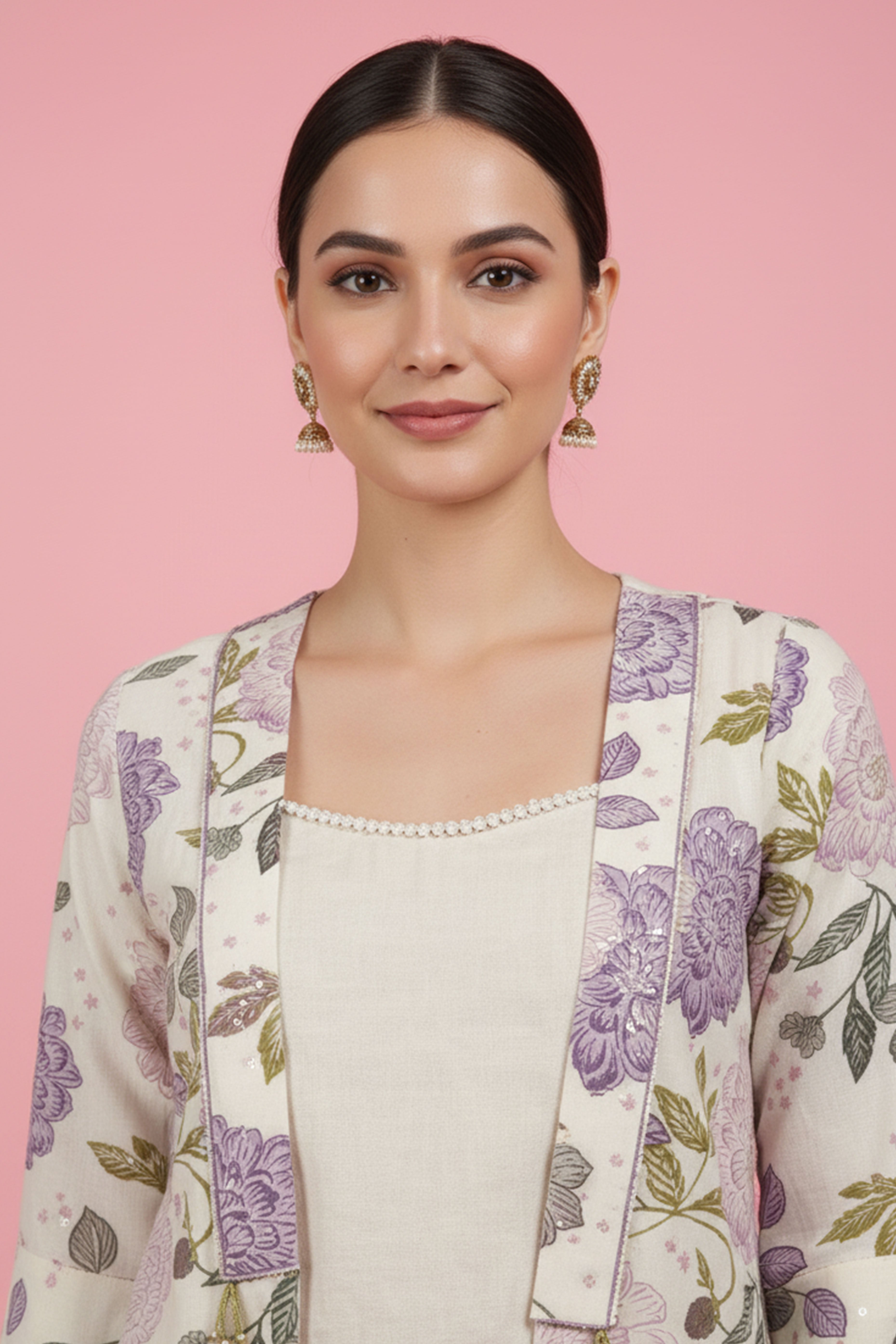 Off White & Purple Pure Cotton Co-Ord Set Featuring a Floral Print Waistcoat