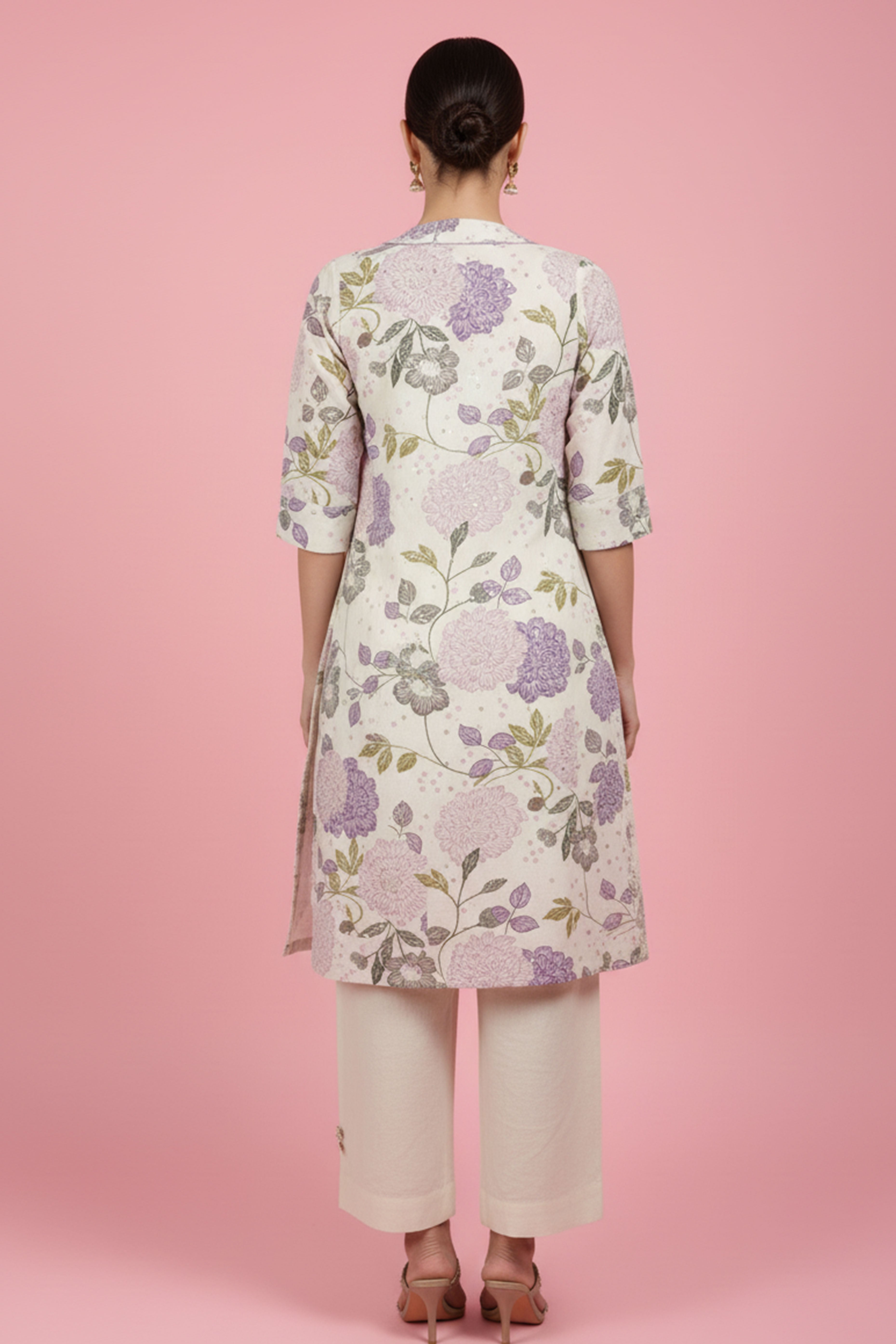 Off White & Purple Pure Cotton Co-Ord Set Featuring a Floral Print Waistcoat