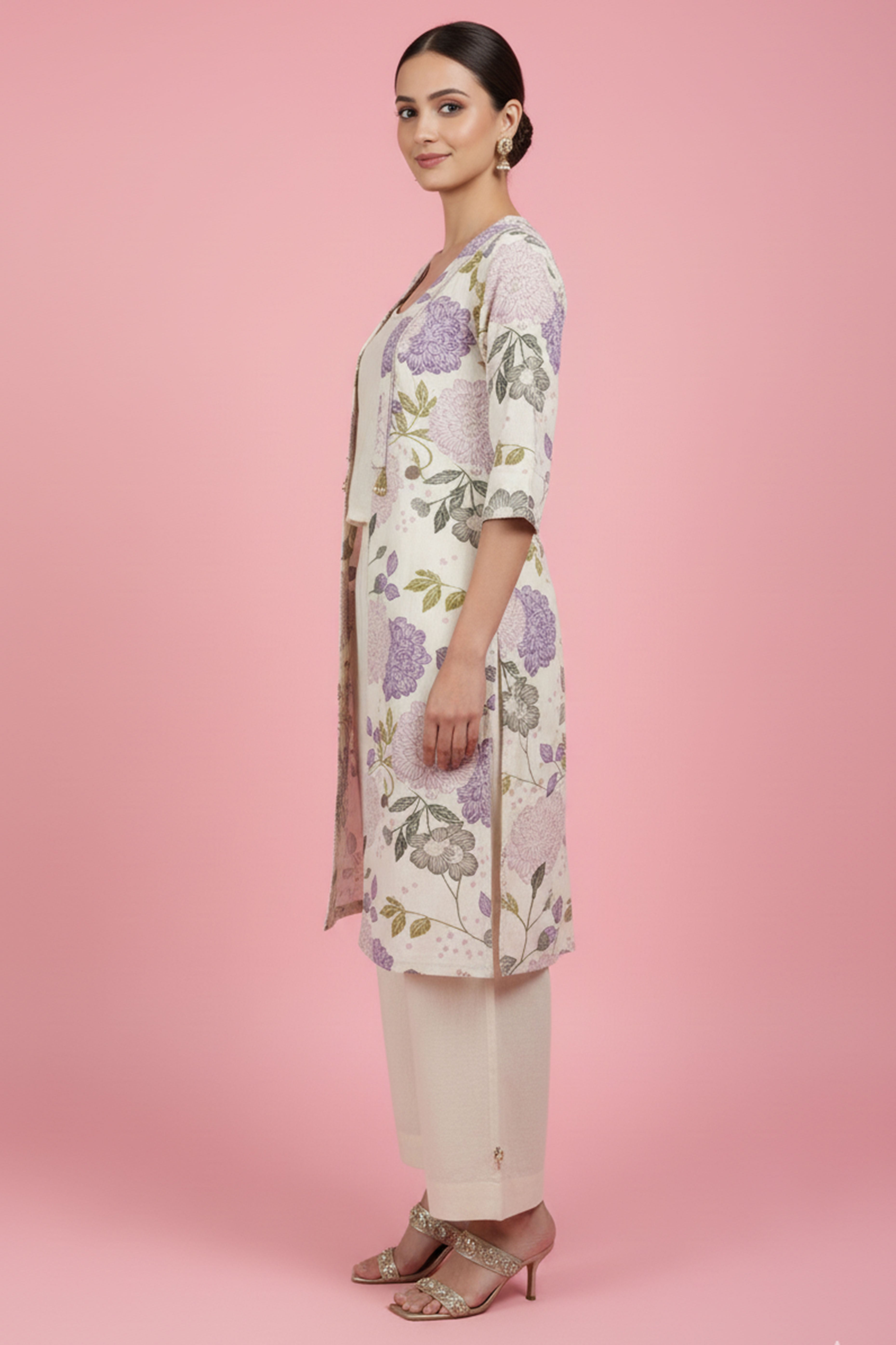 Off White & Purple Pure Cotton Co-Ord Set Featuring a Floral Print Waistcoat