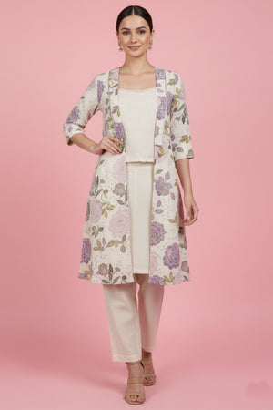 Off White & Purple Pure Cotton Co-Ord Set Featuring a Floral Print Waistcoat