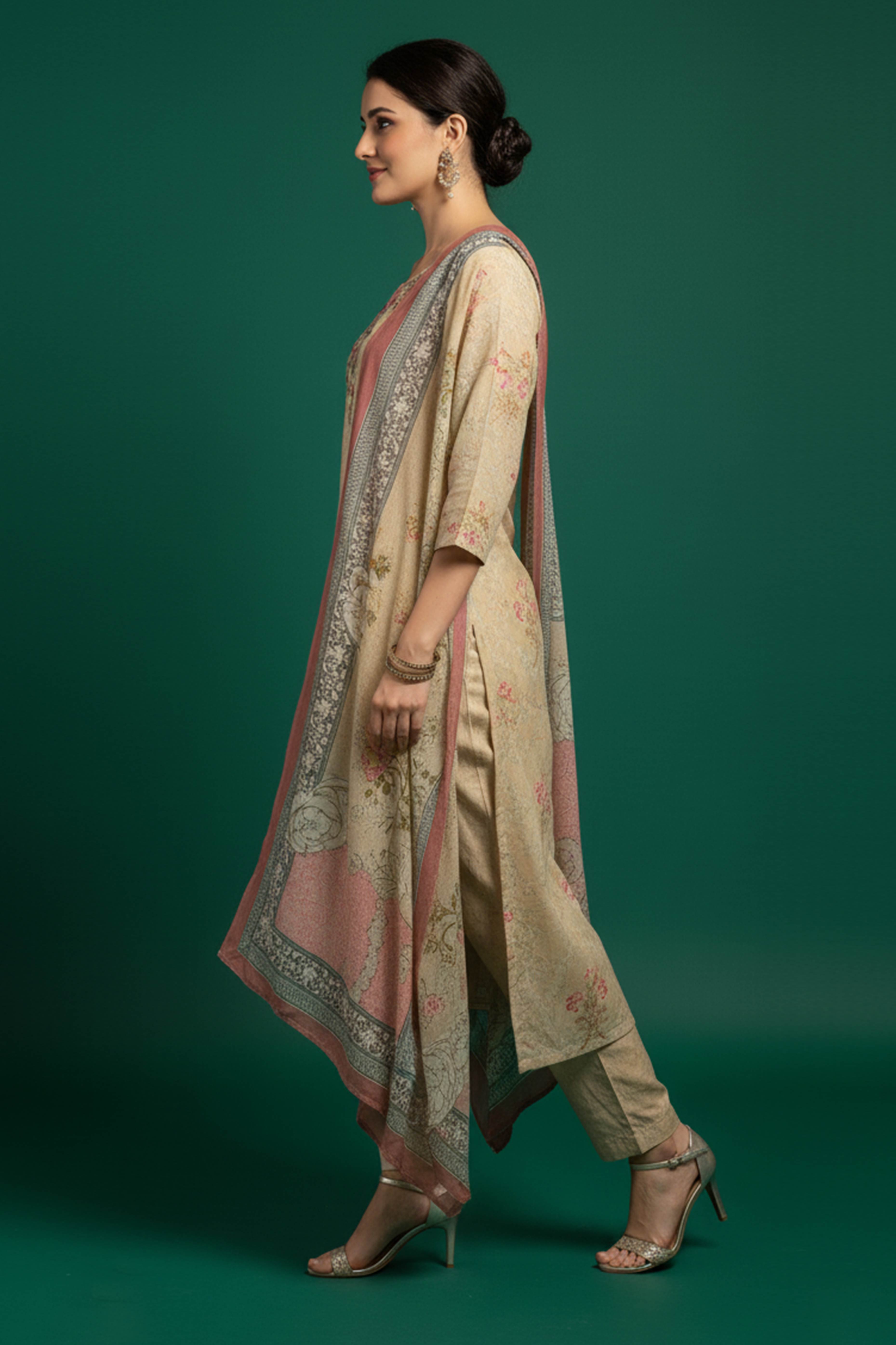 Sophisticated Beige Cotton Straight Suit with Beautiful Embroidered Florals