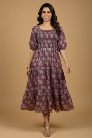 Dark Purple Floral Printed Pure Cotton Smoky Dress
