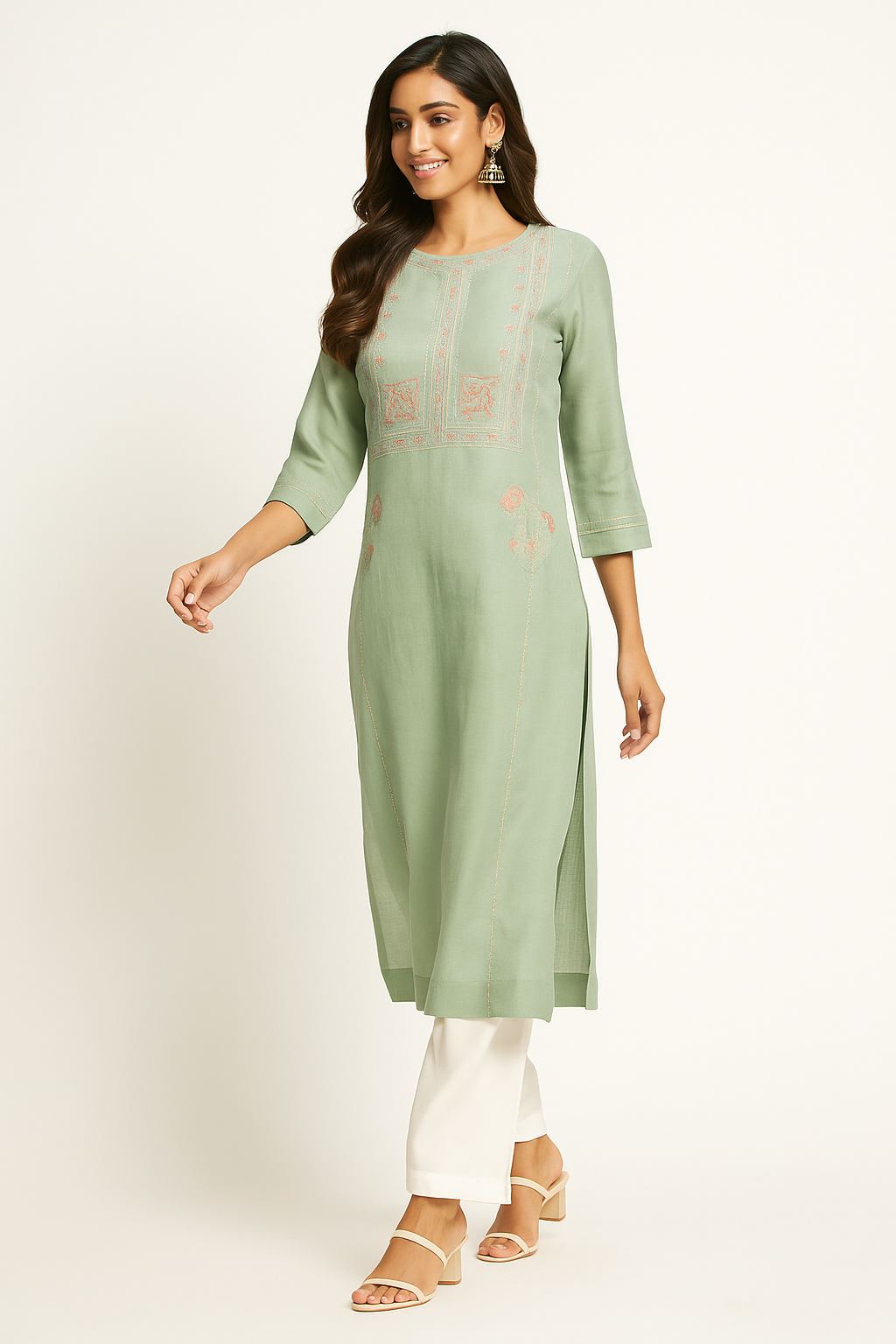 Mint Green Floral Embroidered Viscose Straight Kurti
