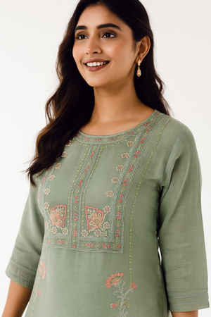 Mint Green Floral Embroidered Viscose Straight Kurti