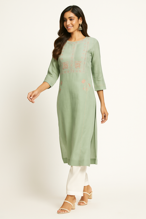 Mint Green Floral Embroidered Viscose Straight Kurti
