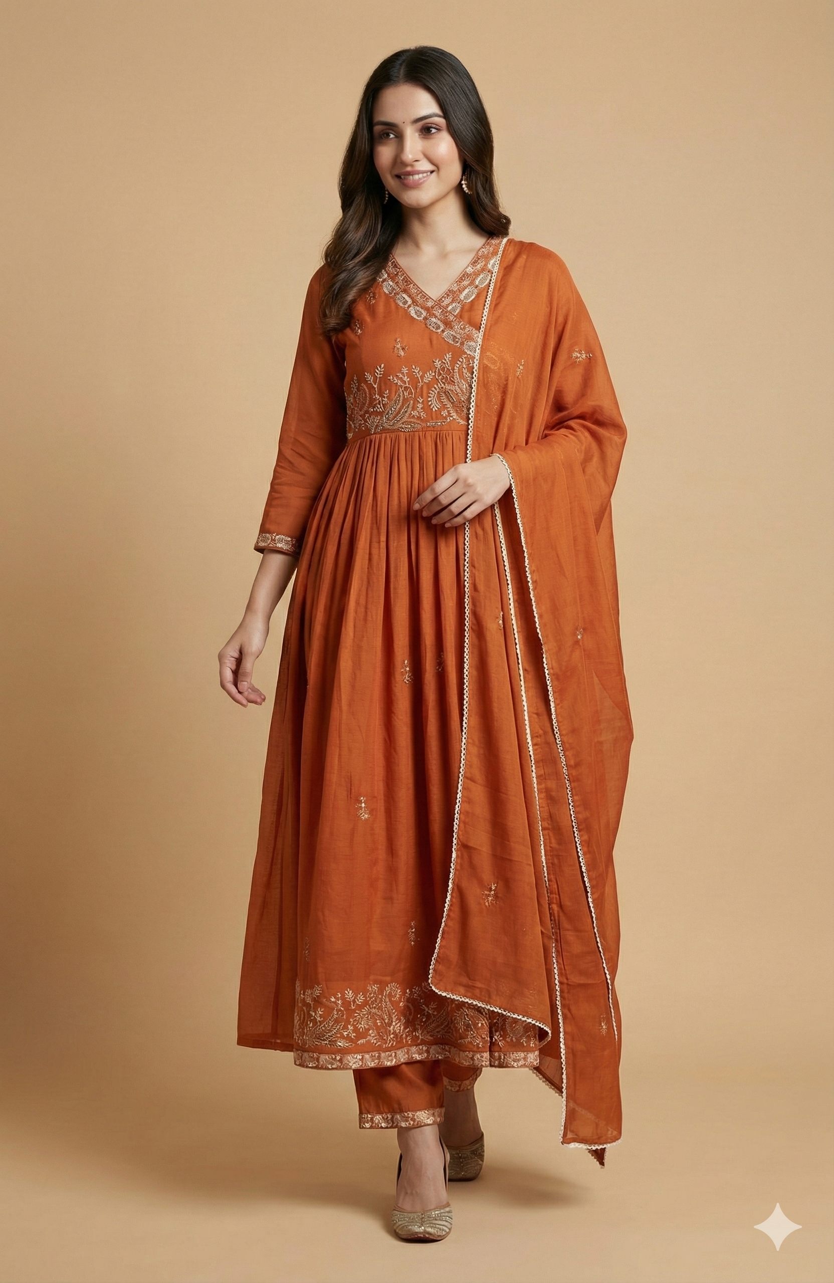 Orange Angrakha Style Mul Cotton Anarkali Suit Adorned with Intricate Floral Embroidery