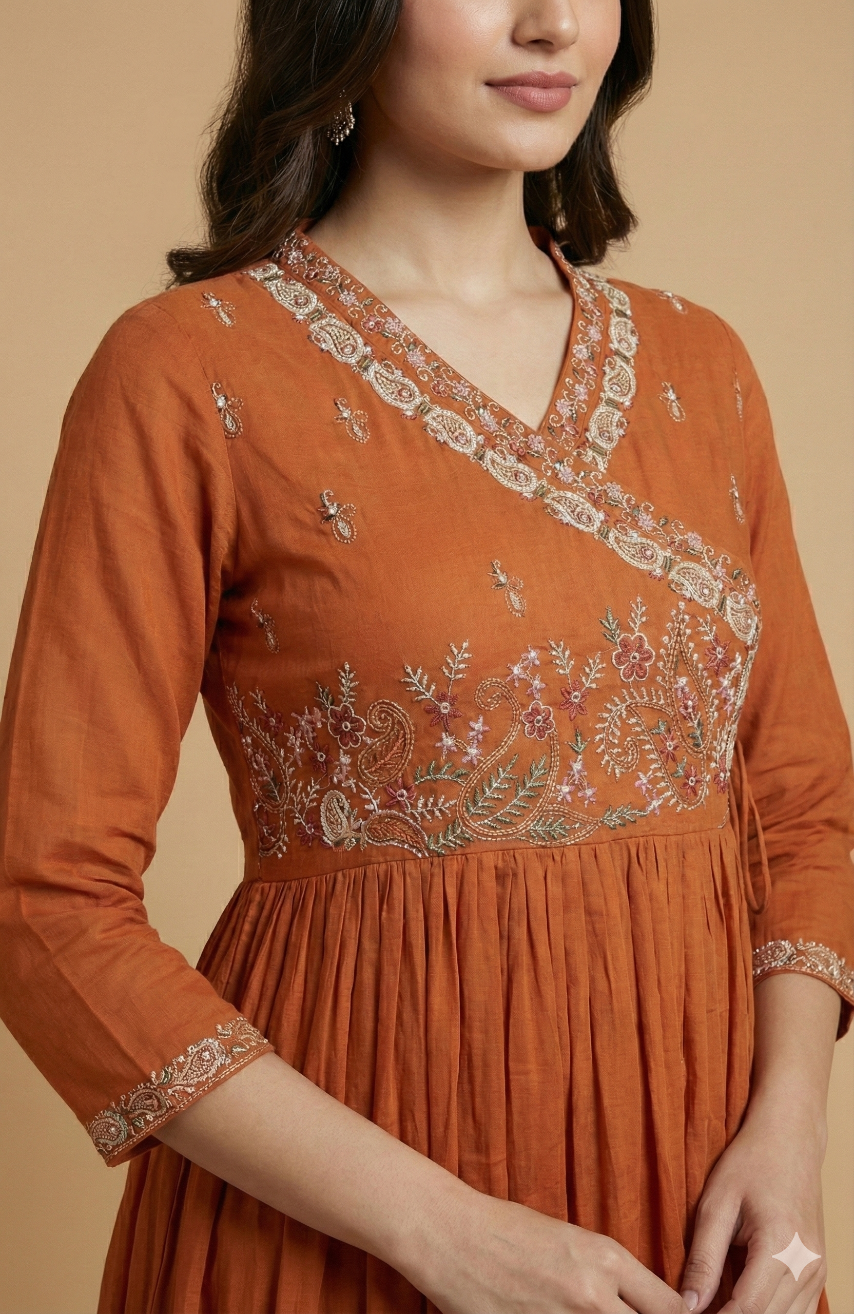 Orange Angrakha Style Mul Cotton Anarkali Suit Adorned with Intricate Floral Embroidery