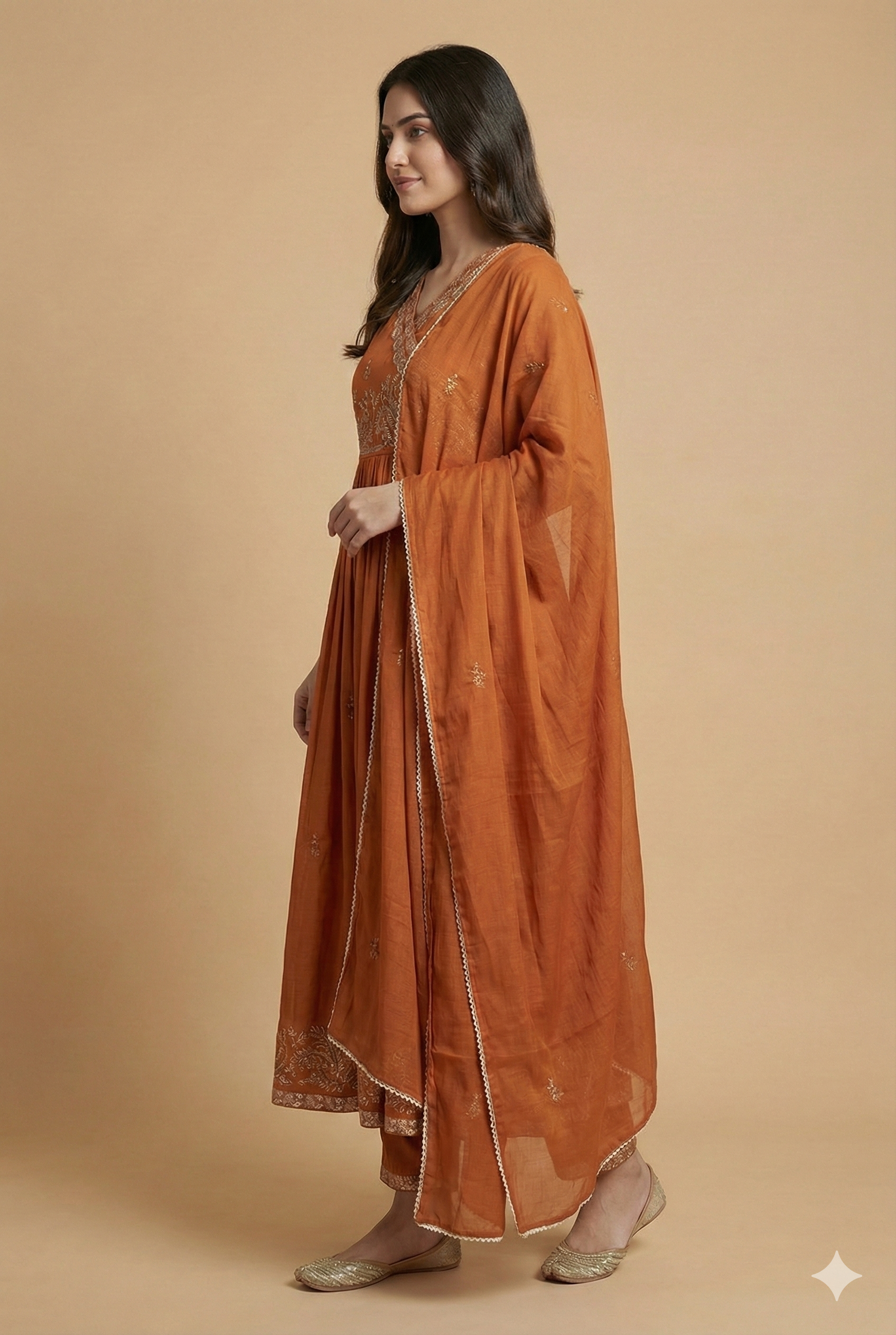 Orange Angrakha Style Mul Cotton Anarkali Suit Adorned with Intricate Floral Embroidery