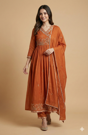 Orange Angrakha Style Mul Cotton Anarkali Suit Adorned with Intricate Floral Embroidery