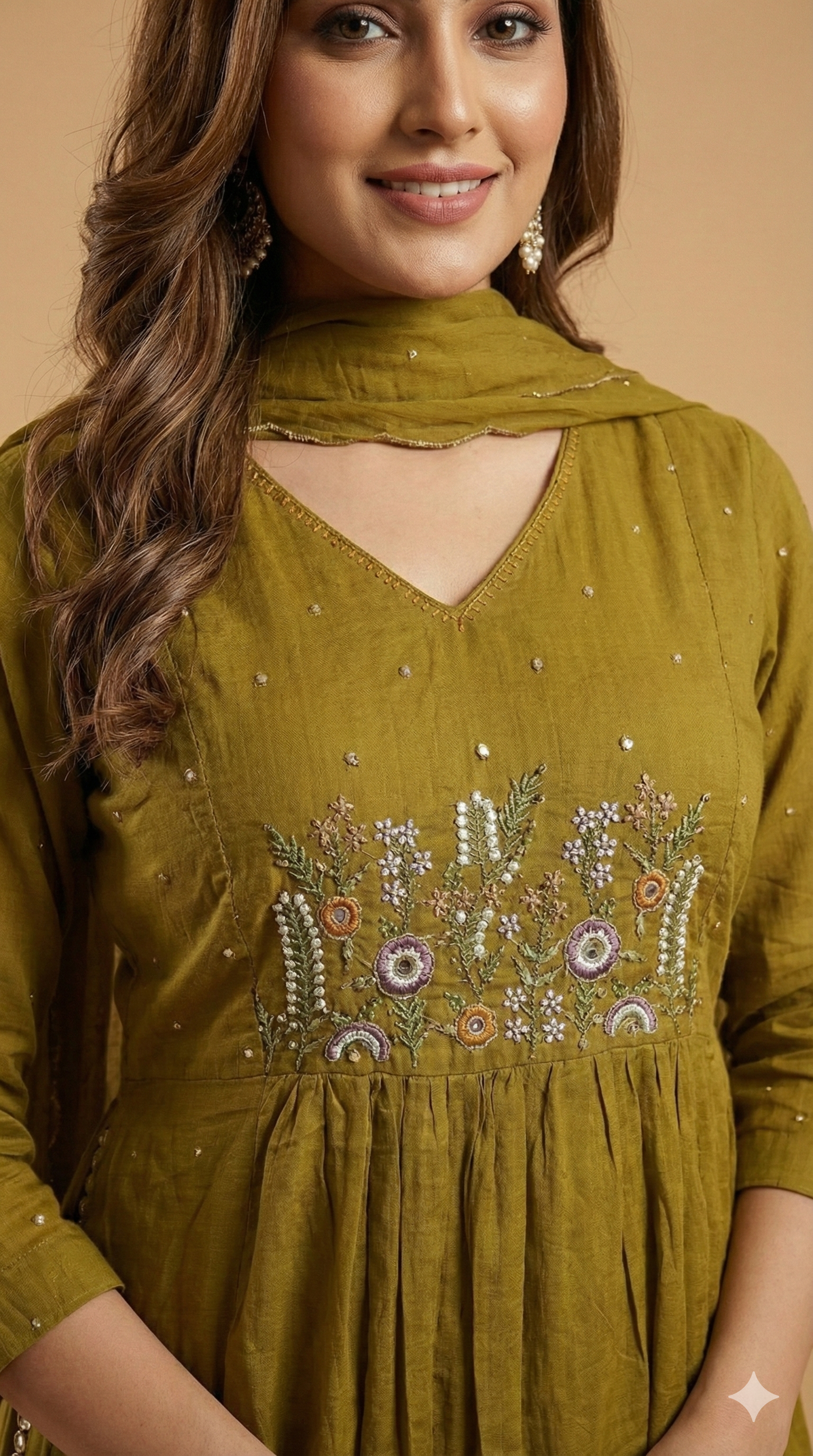 Graceful Olive Floral Embroidered Pure Cotton A-Line Salwar Suit for Ethnic Wear