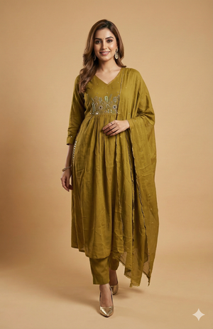 Graceful Olive Floral Embroidered Pure Cotton A-Line Salwar Suit for Ethnic Wear