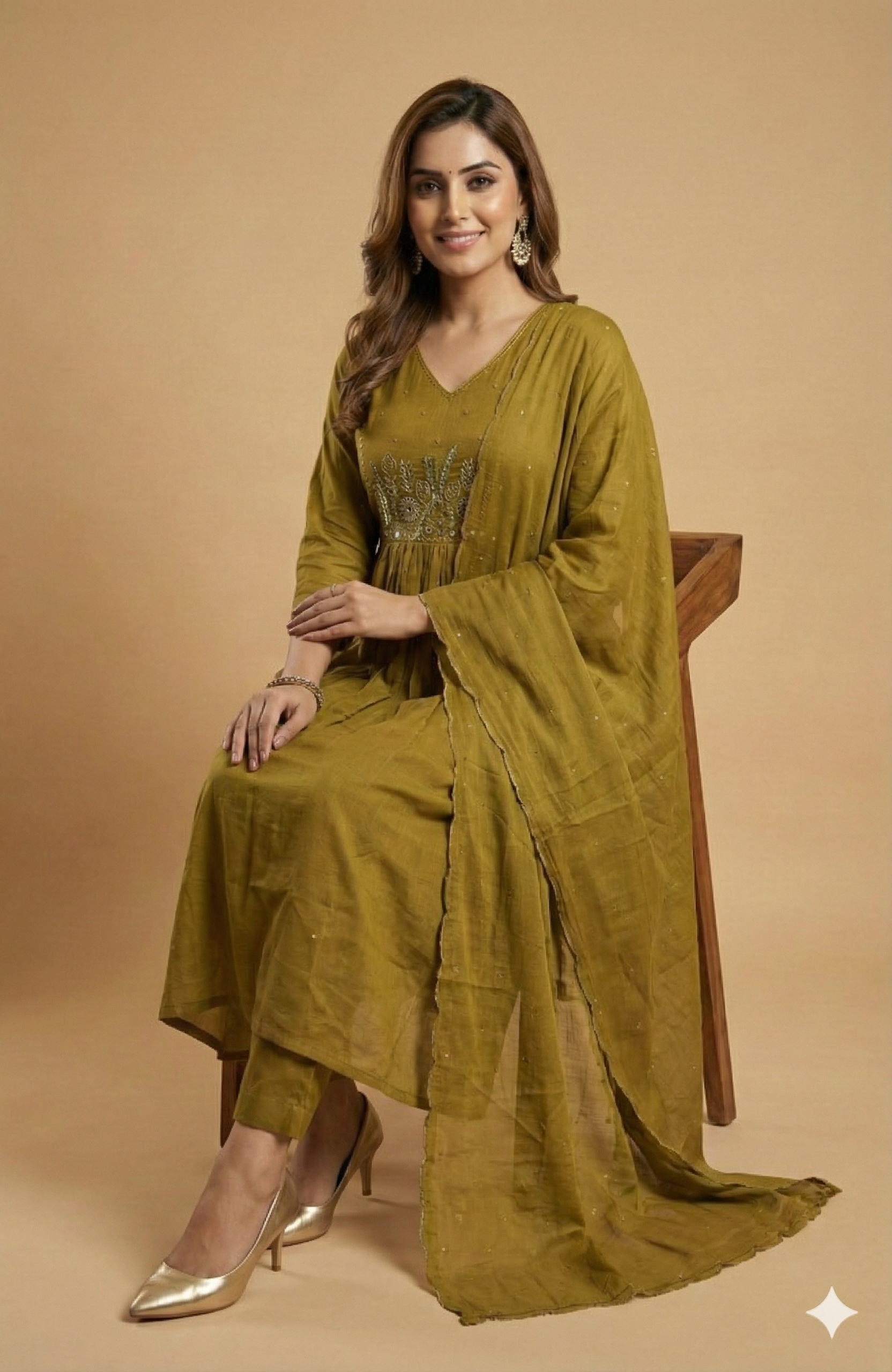 Graceful Olive Floral Embroidered Pure Cotton A-Line Salwar Suit for Ethnic Wear