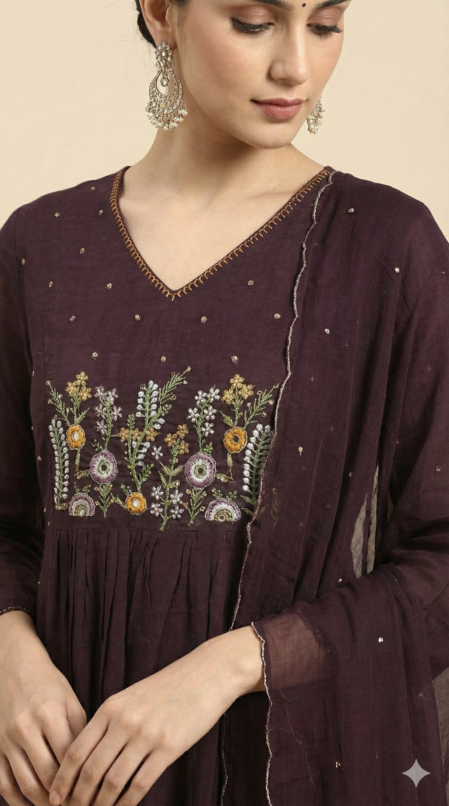 Graceful Wine Floral Embroidered Pure Cotton A-Line Salwar Suit for Ethnic Wear