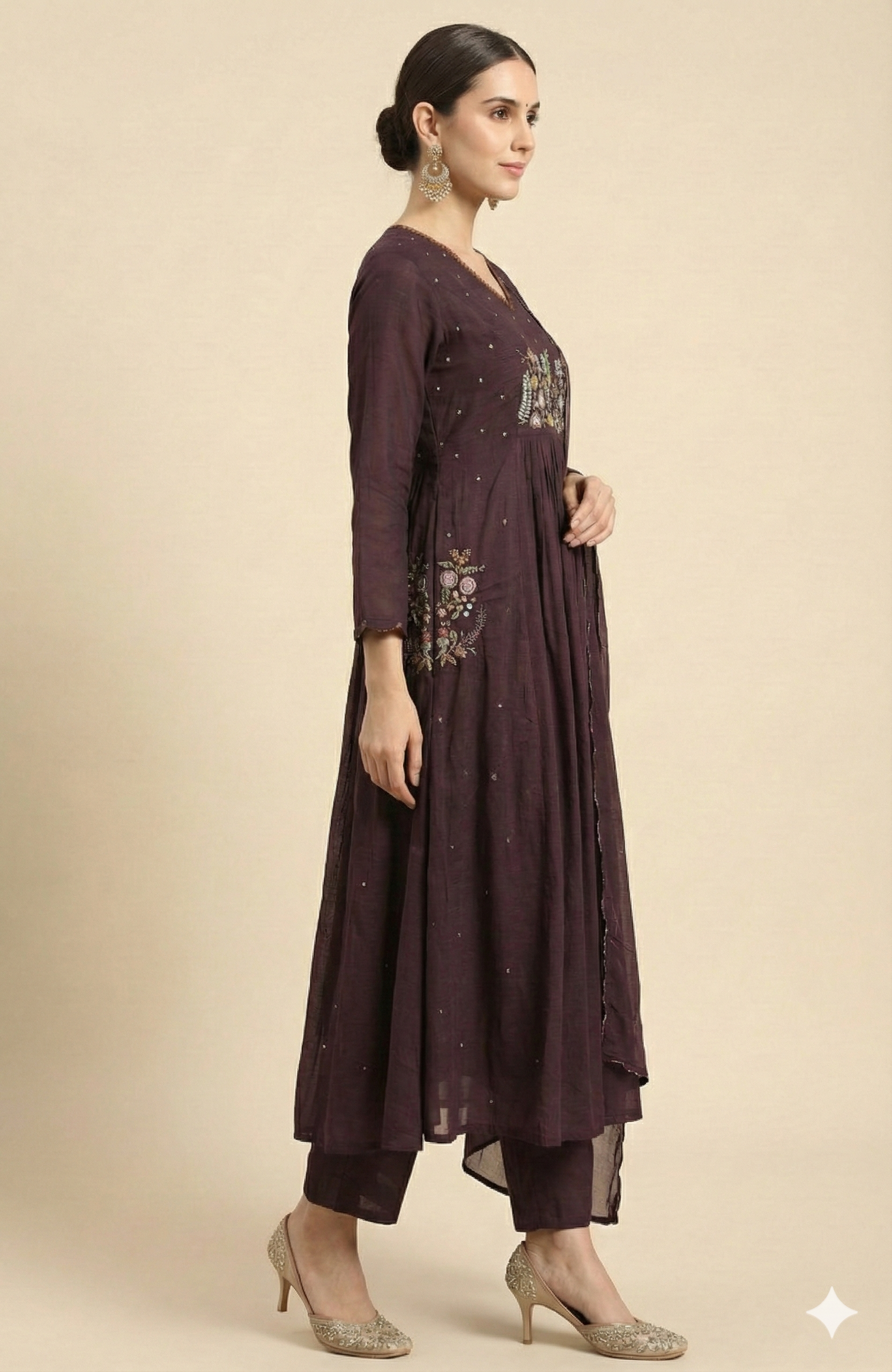 Graceful Wine Floral Embroidered Pure Cotton A-Line Salwar Suit for Ethnic Wear