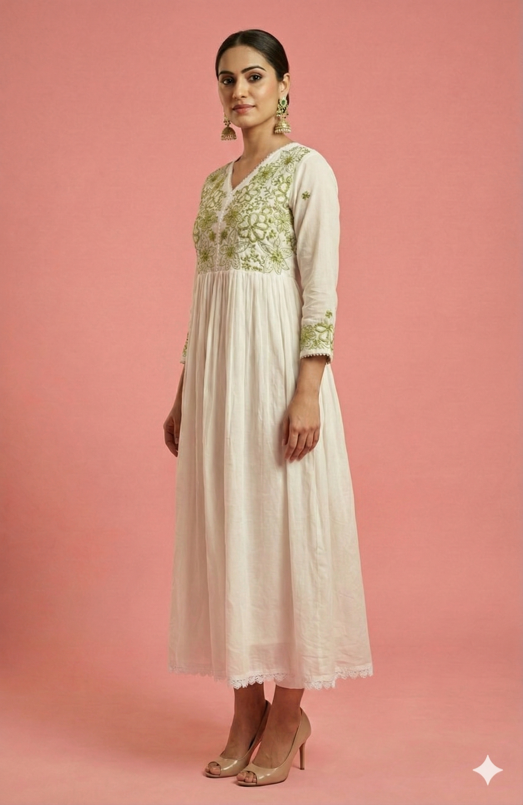 White & Green Anarkali Salwar Suit Crafted in Mul Cotton with Delicate Floral Embroidery