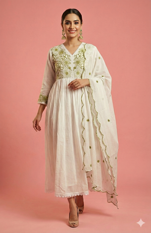 White & Green Anarkali Salwar Suit Crafted in Mul Cotton with Delicate Floral Embroidery