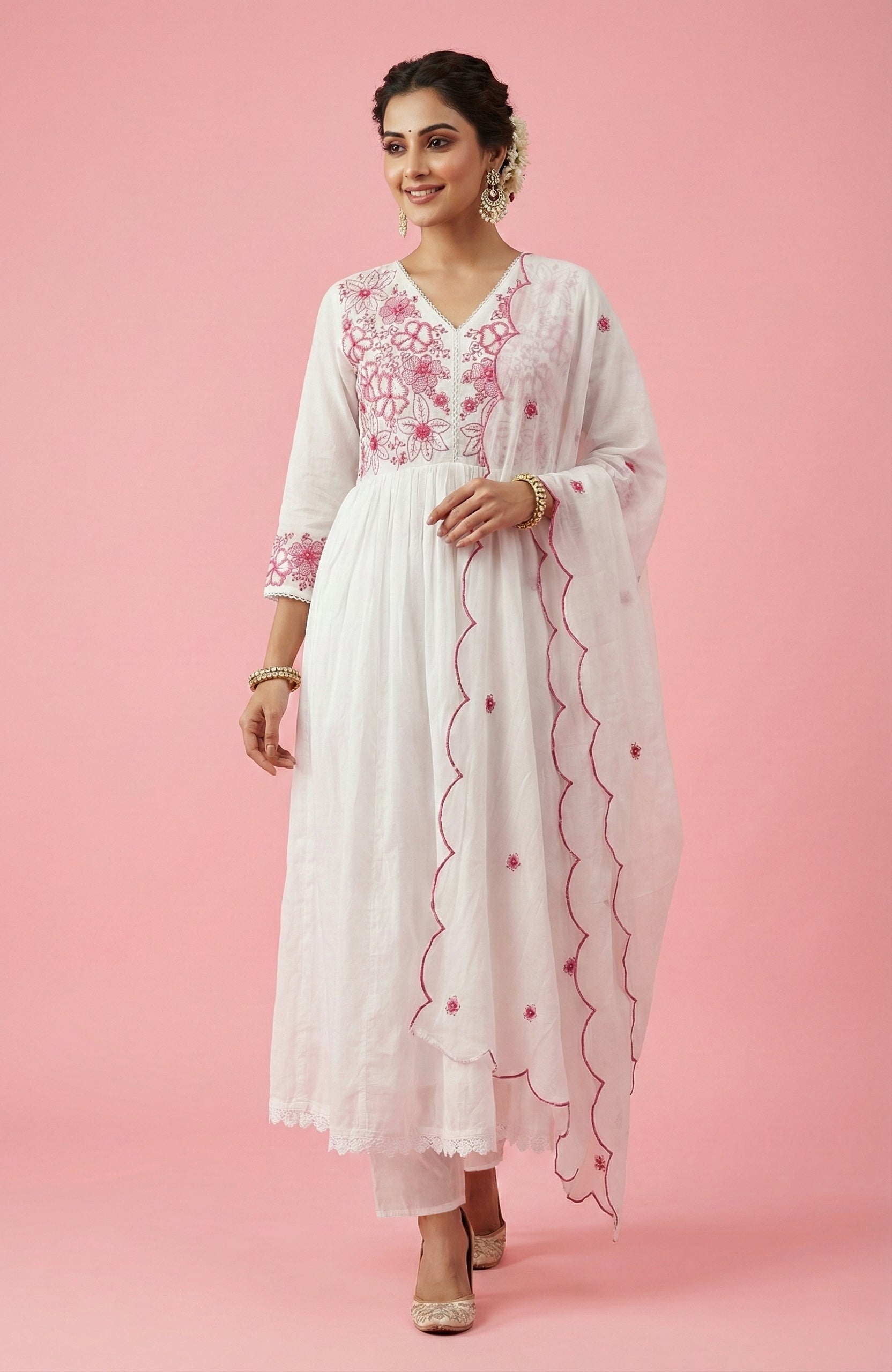 White & Pink Anarkali Salwar Suit Crafted in Mul Cotton with Delicate Floral Embroidery