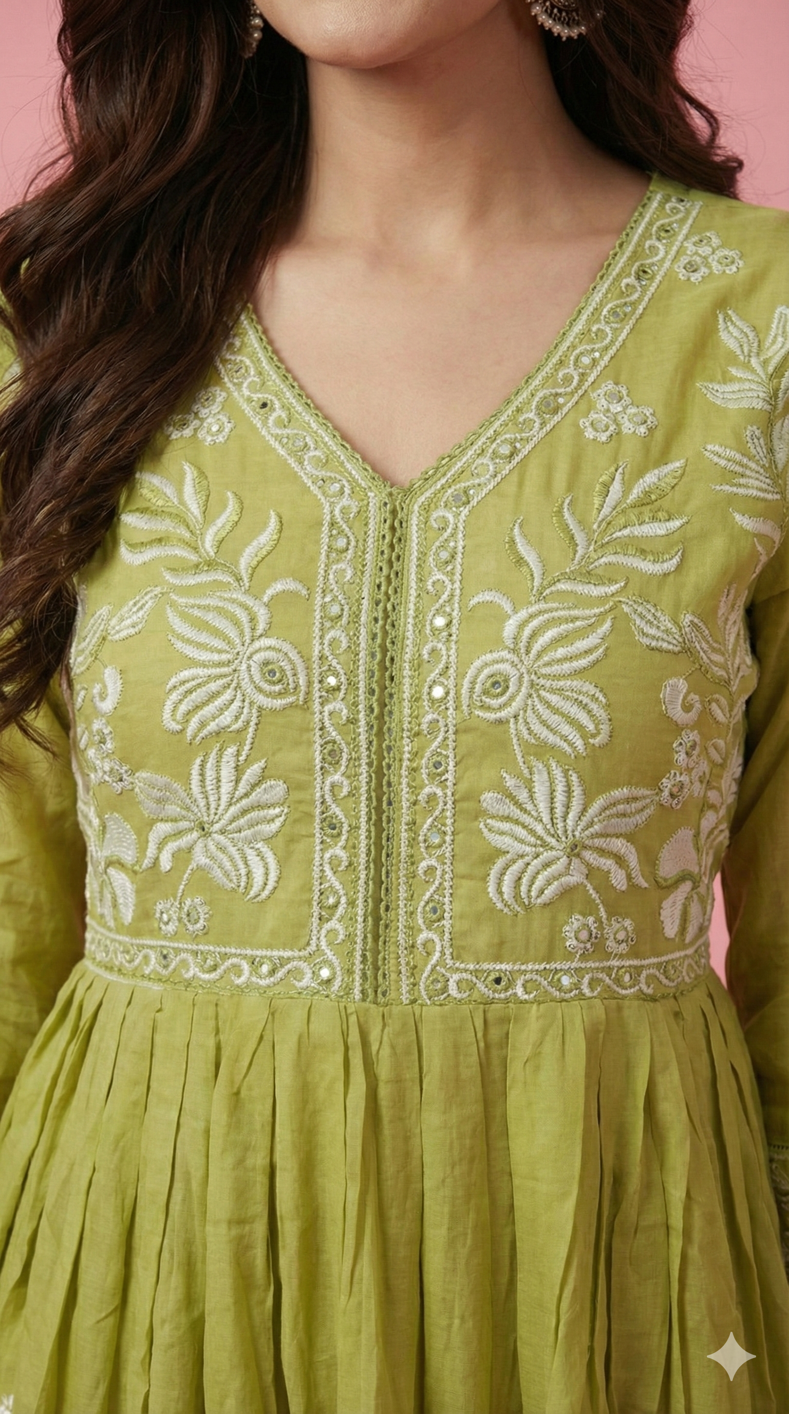Green Cotton Anarkali Salwar Suit for Women with Floral Embroidery