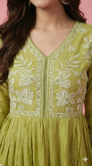 Green Cotton Anarkali Salwar Suit for Women with Floral Embroidery
