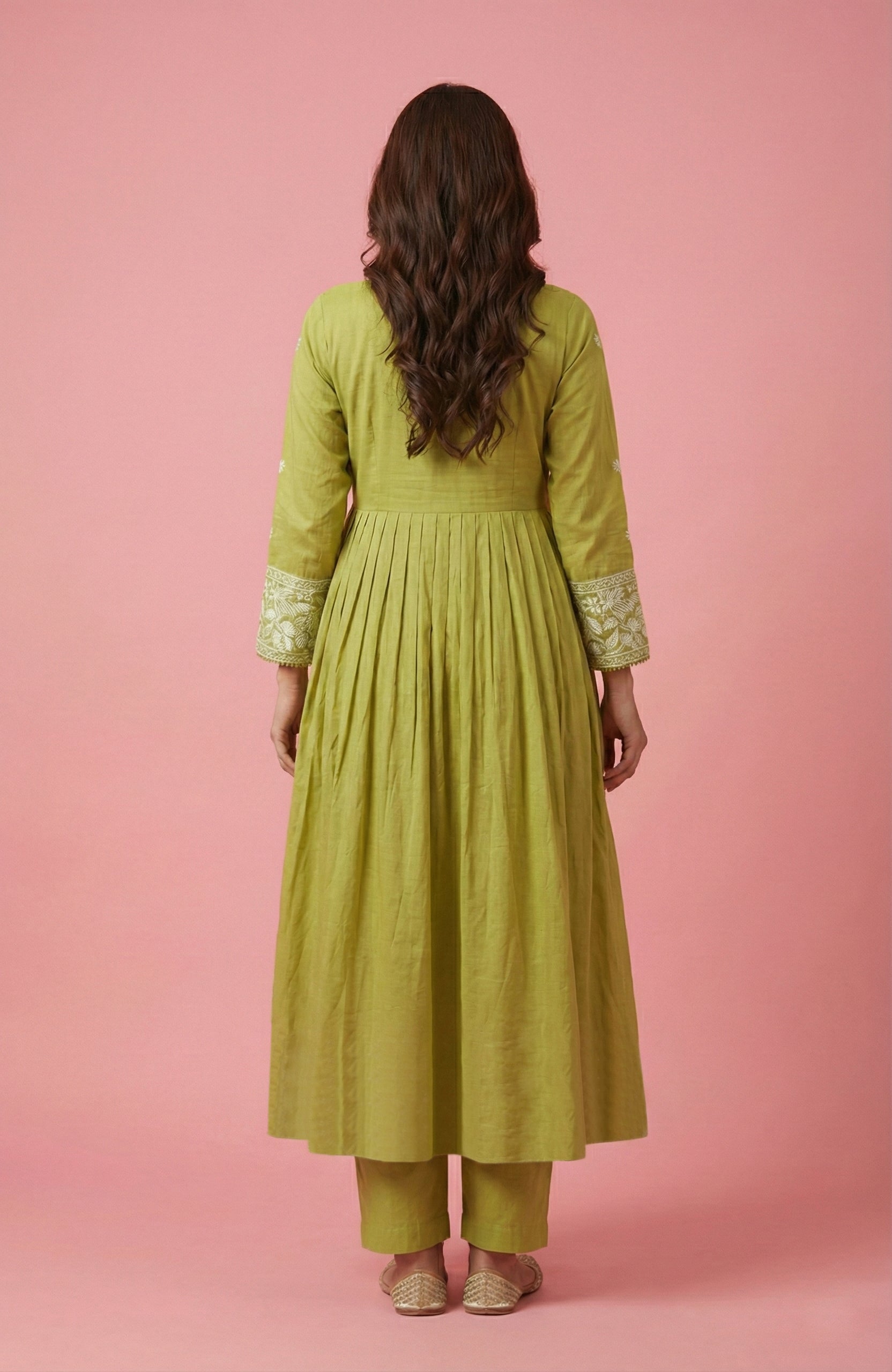 Green Cotton Anarkali Salwar Suit for Women with Floral Embroidery