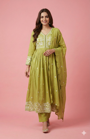 Green Cotton Anarkali Salwar Suit for Women with Floral Embroidery
