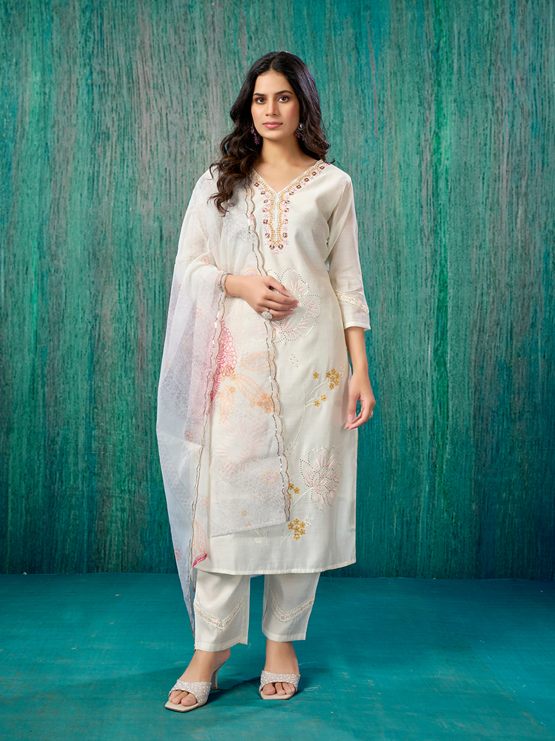 Cream Sequins Embroidered Chanderi Silk Straight Salwar Suit