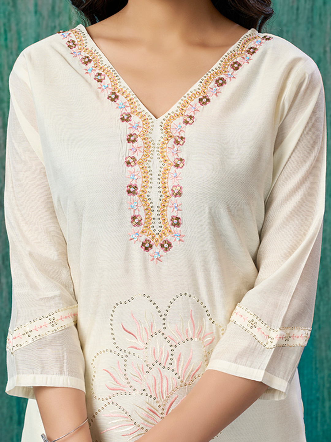 Cream Sequins Embroidered Chanderi Silk Straight Salwar Suit