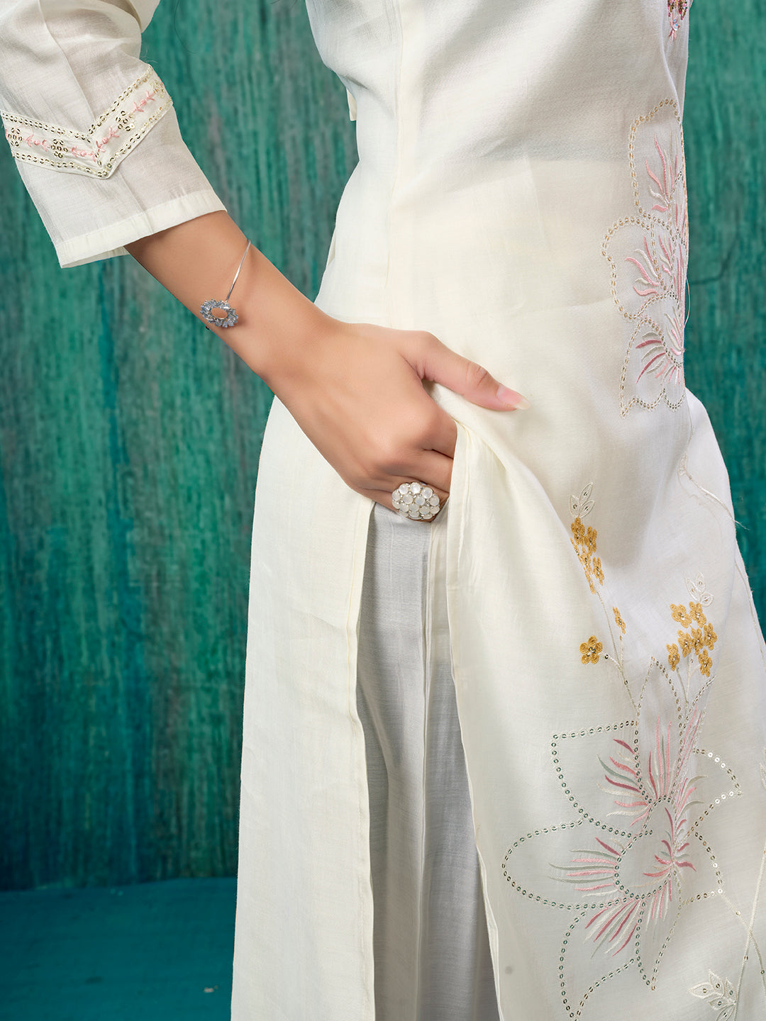 Cream Sequins Embroidered Chanderi Silk Straight Salwar Suit