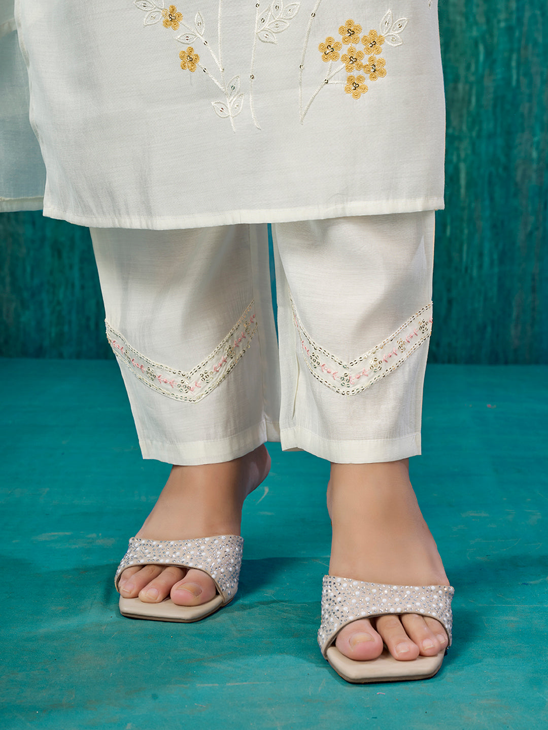 Cream Sequins Embroidered Chanderi Silk Straight Salwar Suit