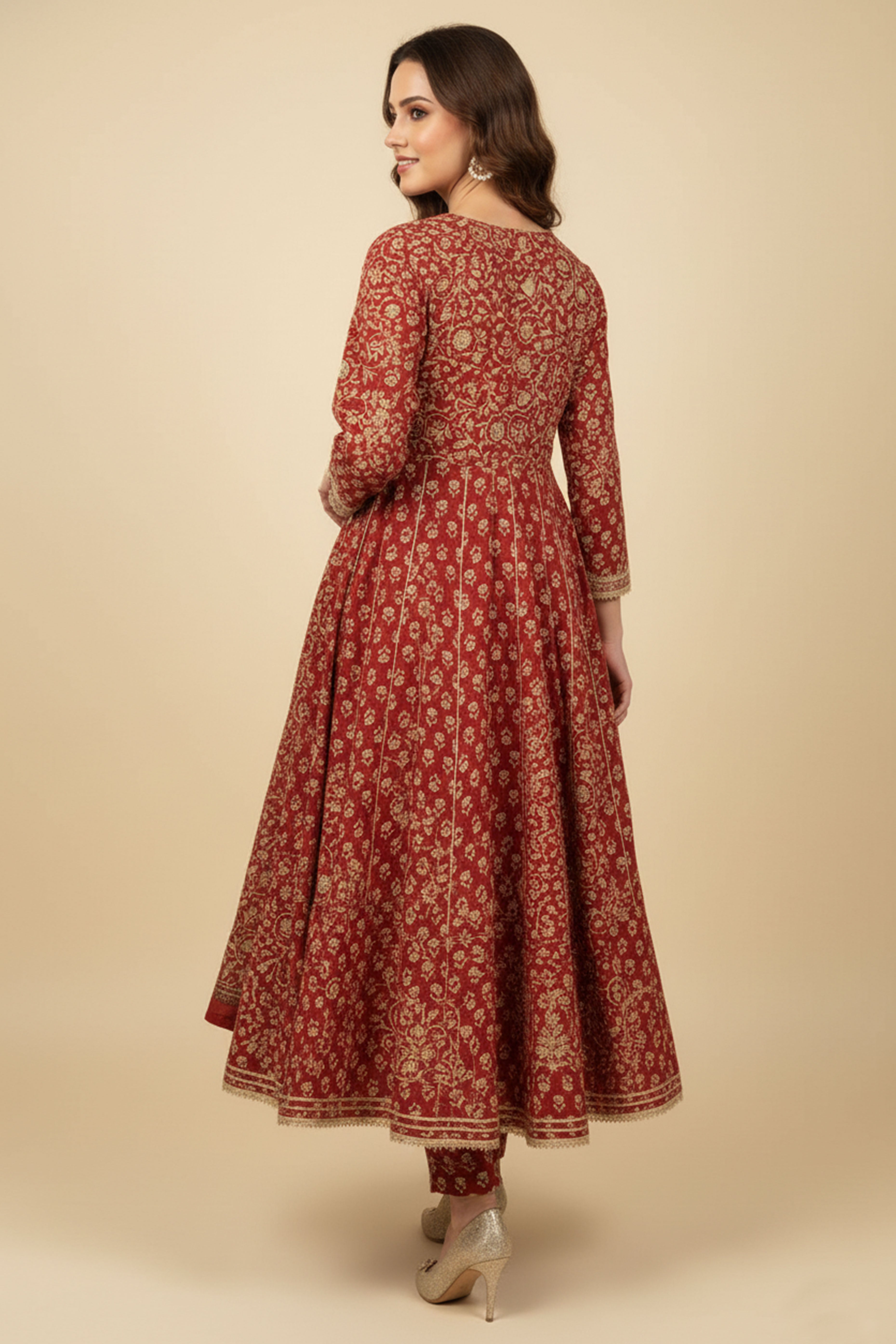 Rusty Red Anarkali Salwar Suit in Pure Cotton with All-Over Floral Print and Delicate Lacework