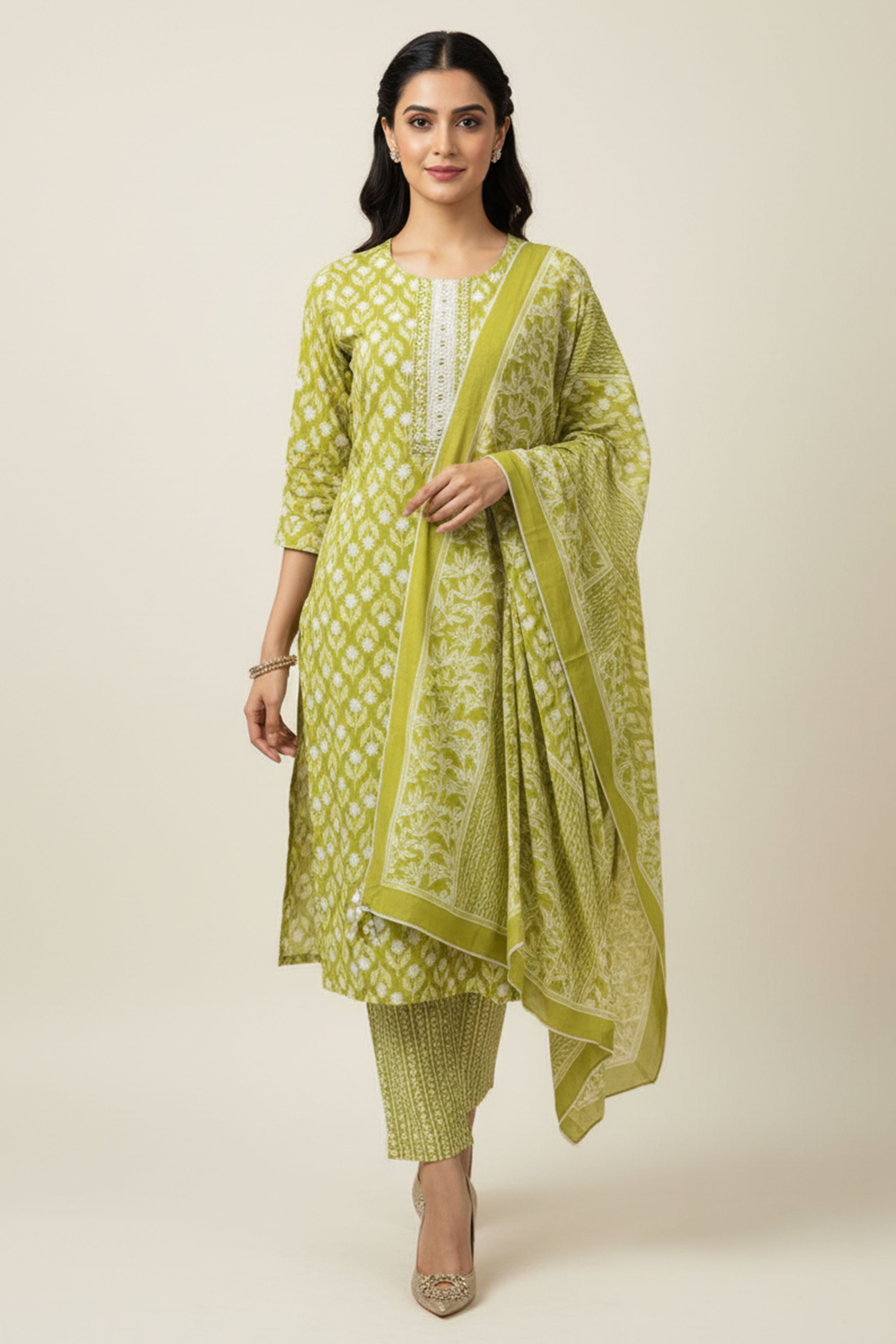 Parrot Green Floral Printed Pure Cotton Straight Cut Salwar Suit