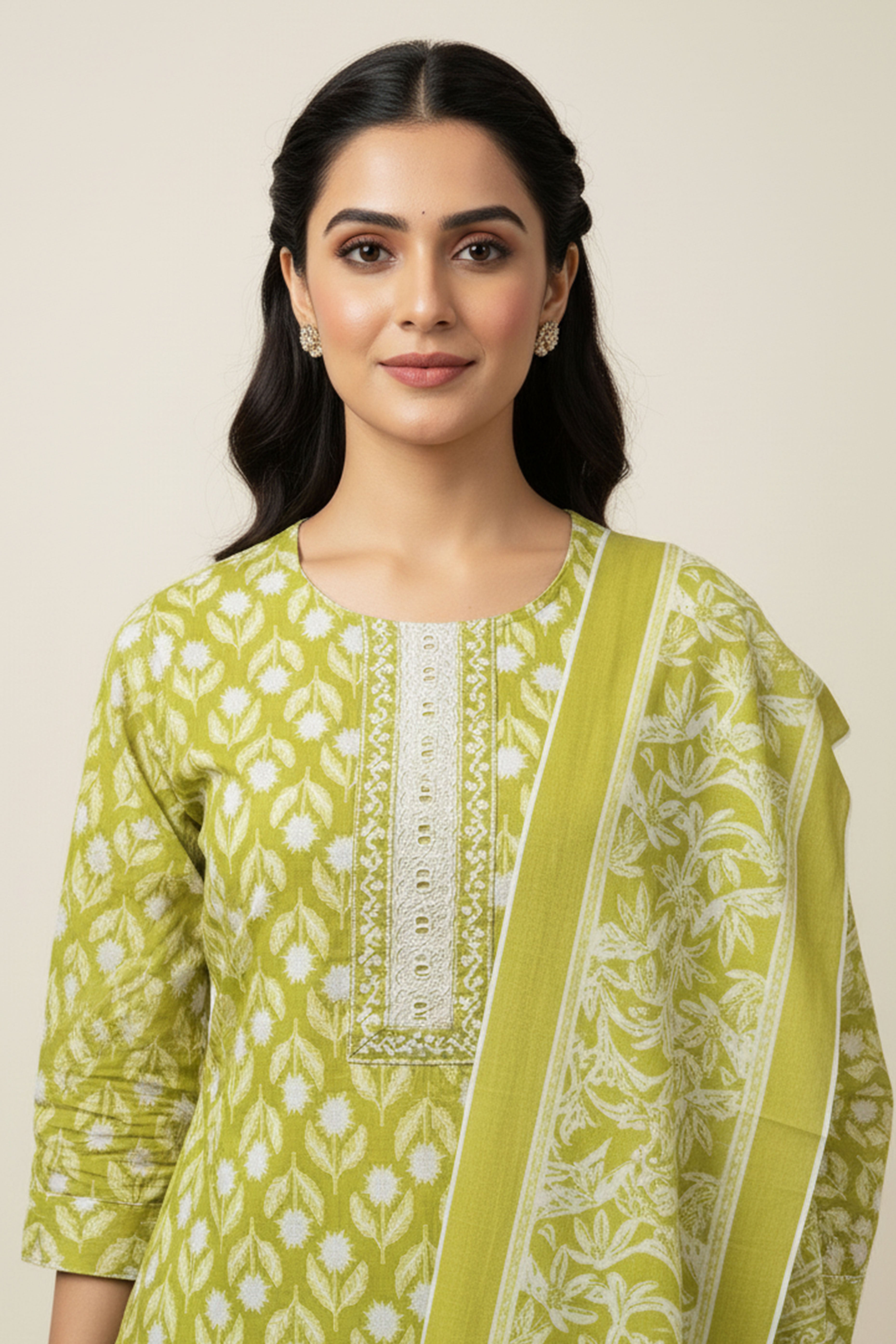 Parrot Green Floral Printed Pure Cotton Straight Cut Salwar Suit