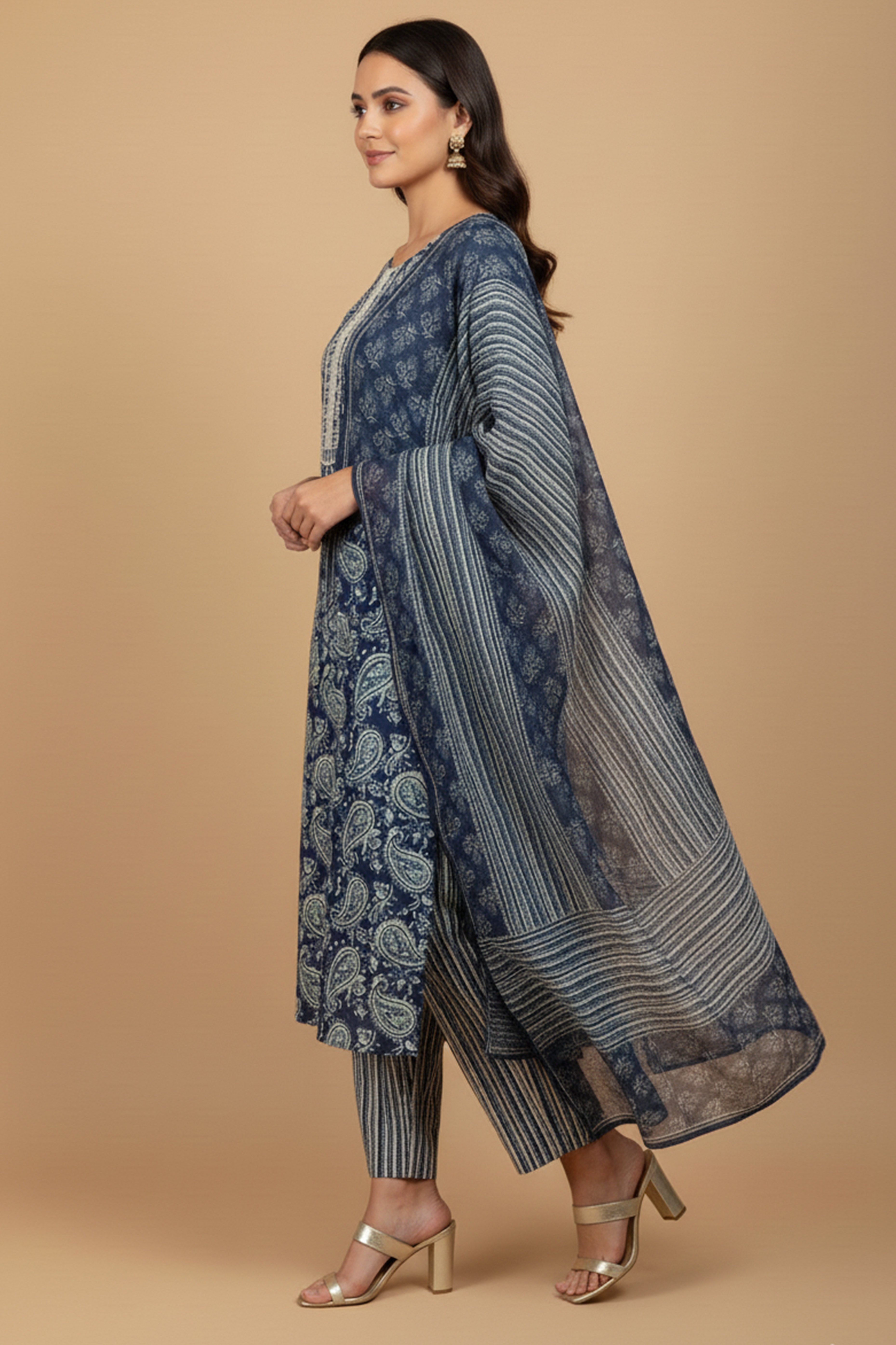 Minimalist Blue Paisley Printed Pure Cotton Salwar Suit for Casual Wear