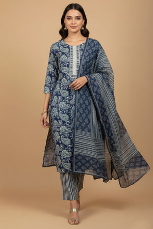 Minimalist Blue Paisley Printed Pure Cotton Salwar Suit for Casual Wear